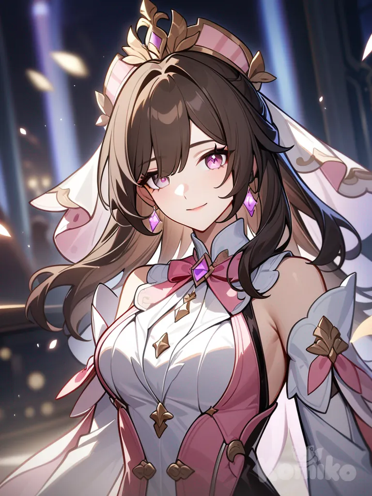 Honkai star rail official art style, female character, long dark brown hair, light pink eyes, white and pink coquette style clothes, adult woman, pretty, clothes