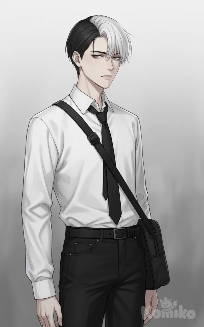 1man, solo, pale skin, sharp facial features, aristocratic jawline, straight nose, indifferent expression, focused eyes, gray-blue eyes, ice-colored eyes, short hair, parted_bangs, (white bangs), short black hair in the back, white formal shirt, black tie, black jeans, black cross-body bag, shirt tucked into trousers, anime style