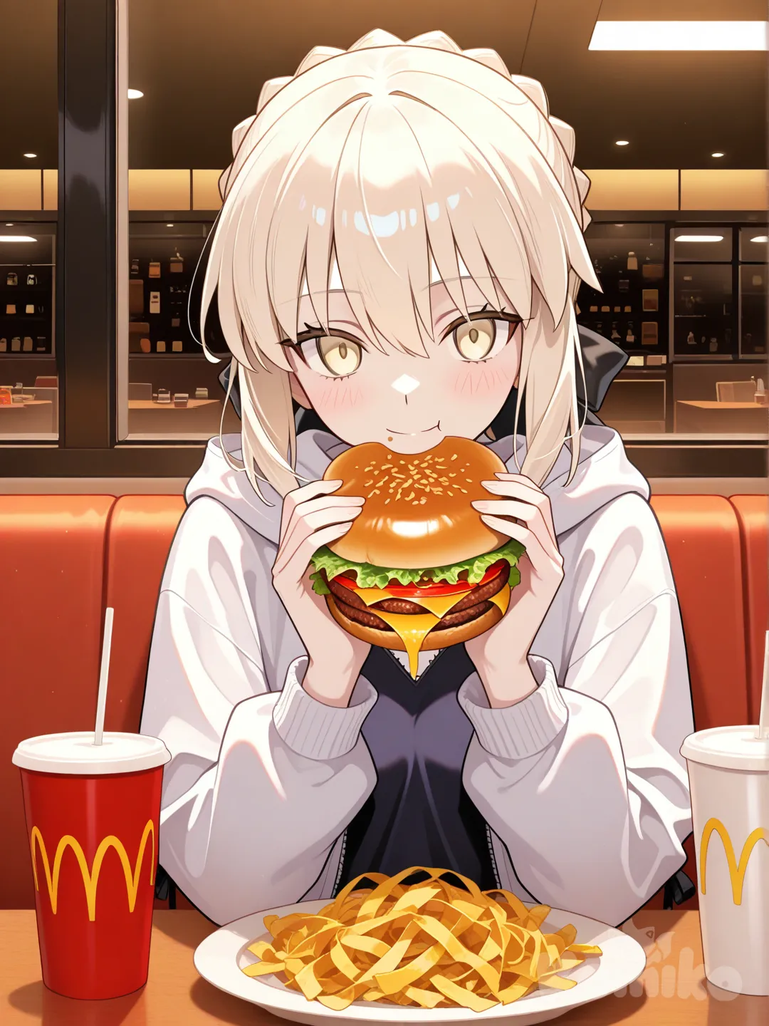 Artoria saber alter, looking at viewer, warm smile, little blushing, eating burger, at McDonald’s, fate (series), dating