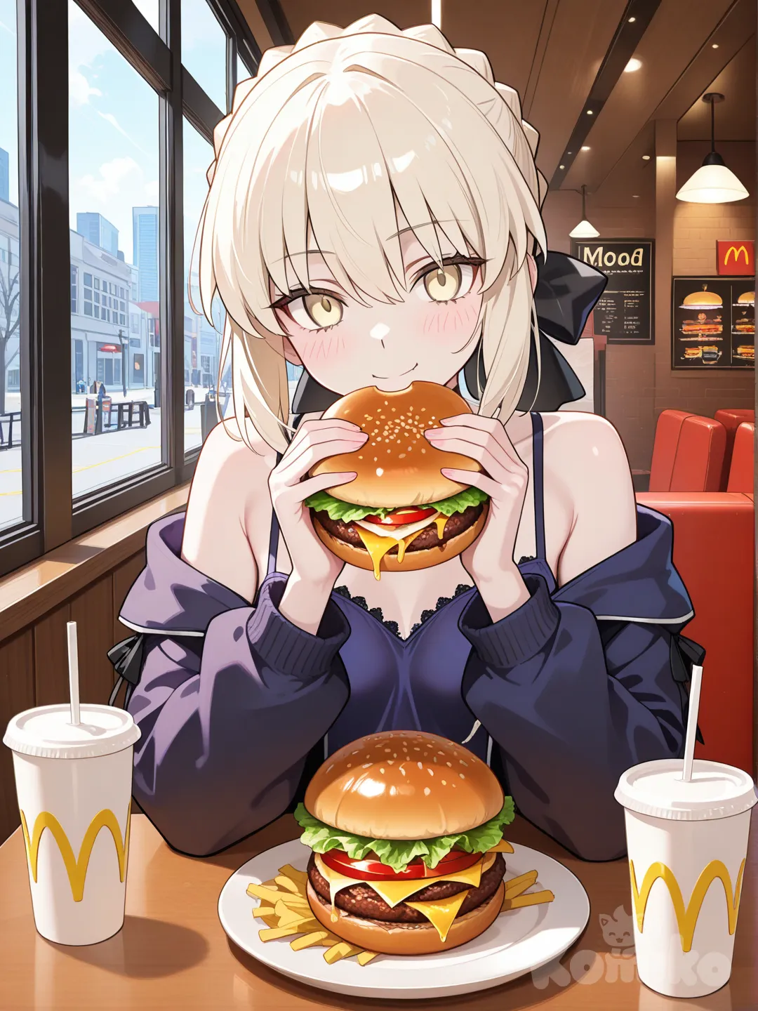 Artoria saber alter, looking at viewer, warm smile, little blushing, eating burger, at McDonald’s, fate (series), dating
