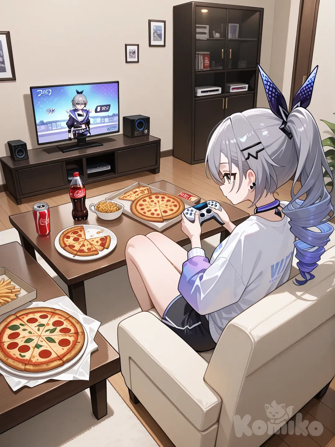 silver wolf (honkai: star rail) playing on PlayStation 5 games while sitting on couch on table is Coca-Cola bottle with big cup filled with it and burgers and and two pizza boxes with pizzas in it