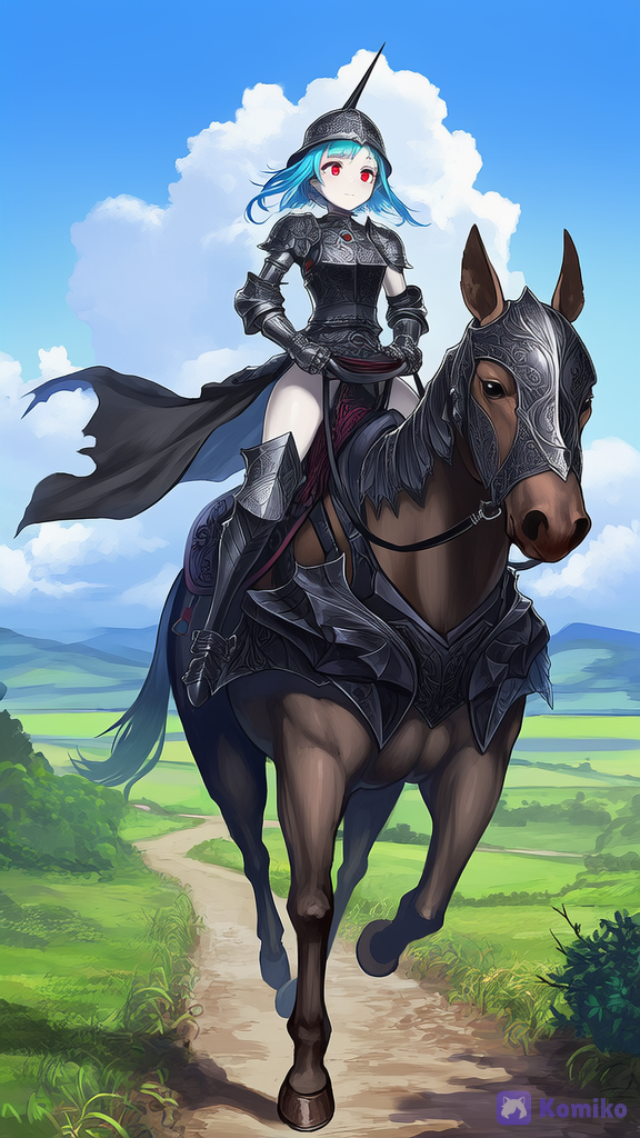 Una mujer guerrera con cabello azul electrico y ojos rojos y piel blanca con casco y una armadura medieval con joyas y adornos gotico cabalgando un caballo con armadura con los mismos rasgos que la armadura de la chica. Deben encontrarse en un camino rural medieval
