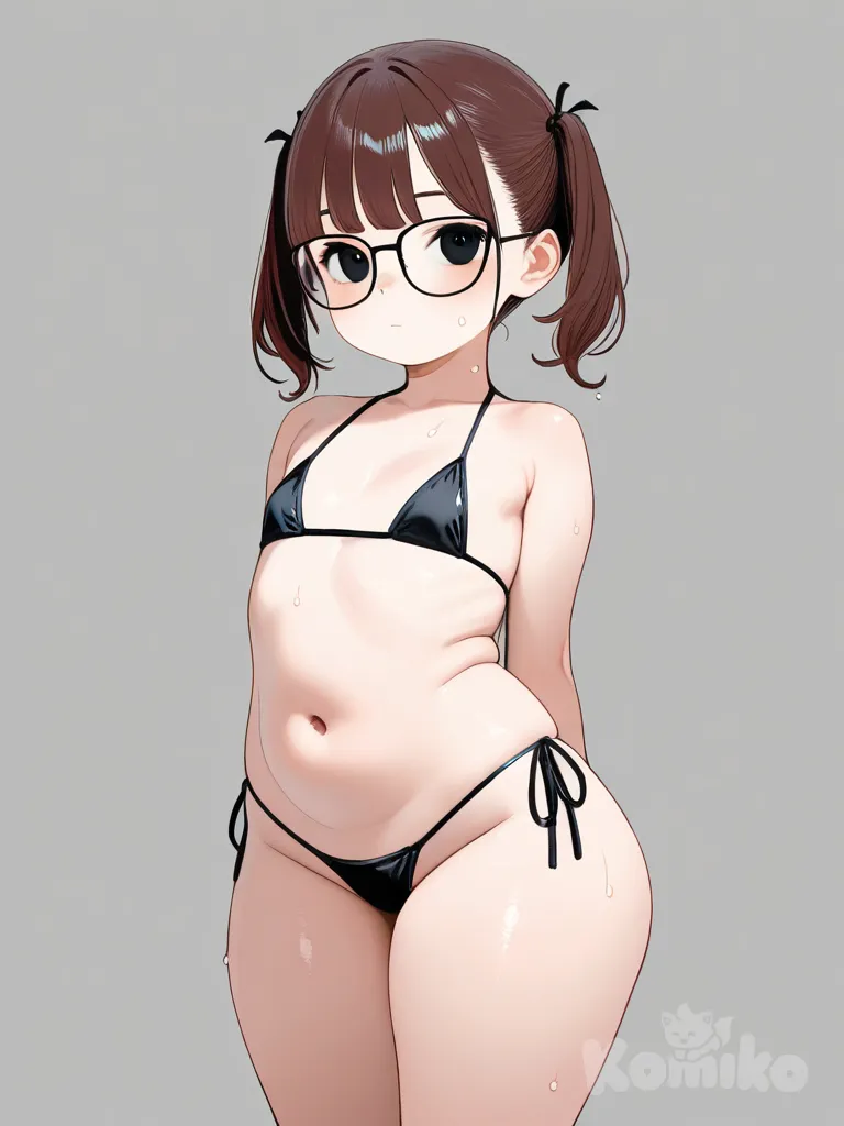 1loli, short brown hair, two pigtails, black eyes, black glasses, huge round butt, huge thighs, huge hips, bikini, sweaty, standing, gray background, expressionless