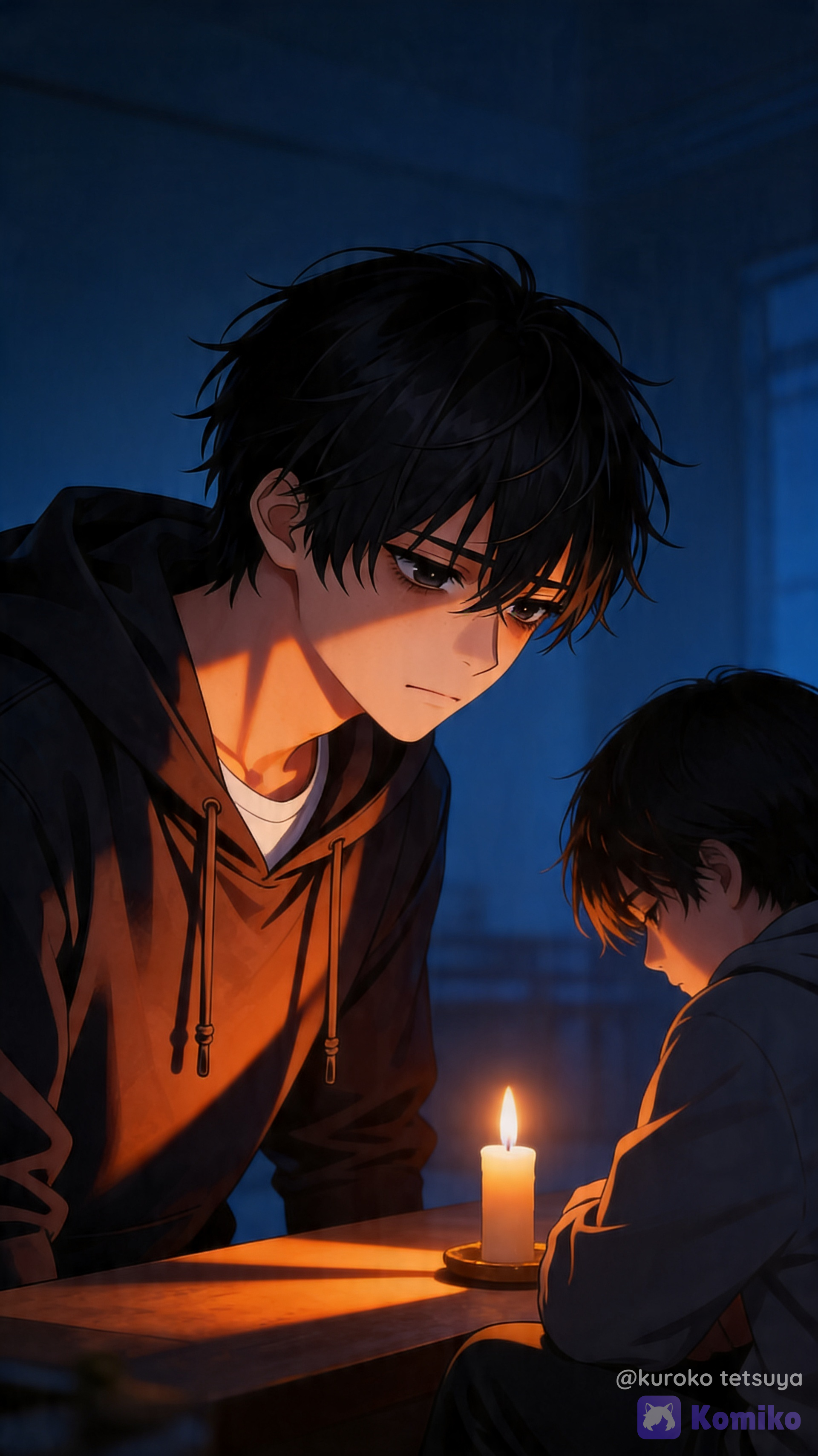 @ashizu-narugami-e2v5 In a dimly lit room bathed in flickering candlelight, warm orange glows cast long, dramatic shadows across a young man's face as he leans forward intently from his seat, his expression calm yet firmly resolute. His steady gaze locks onto another youth sitting opposite, whose posture slumps in quiet despair amid the heavy, introspective atmosphere. Deep blues and muted grays dominate the composition, emphasizing tension and subtle emotional vulnerability.