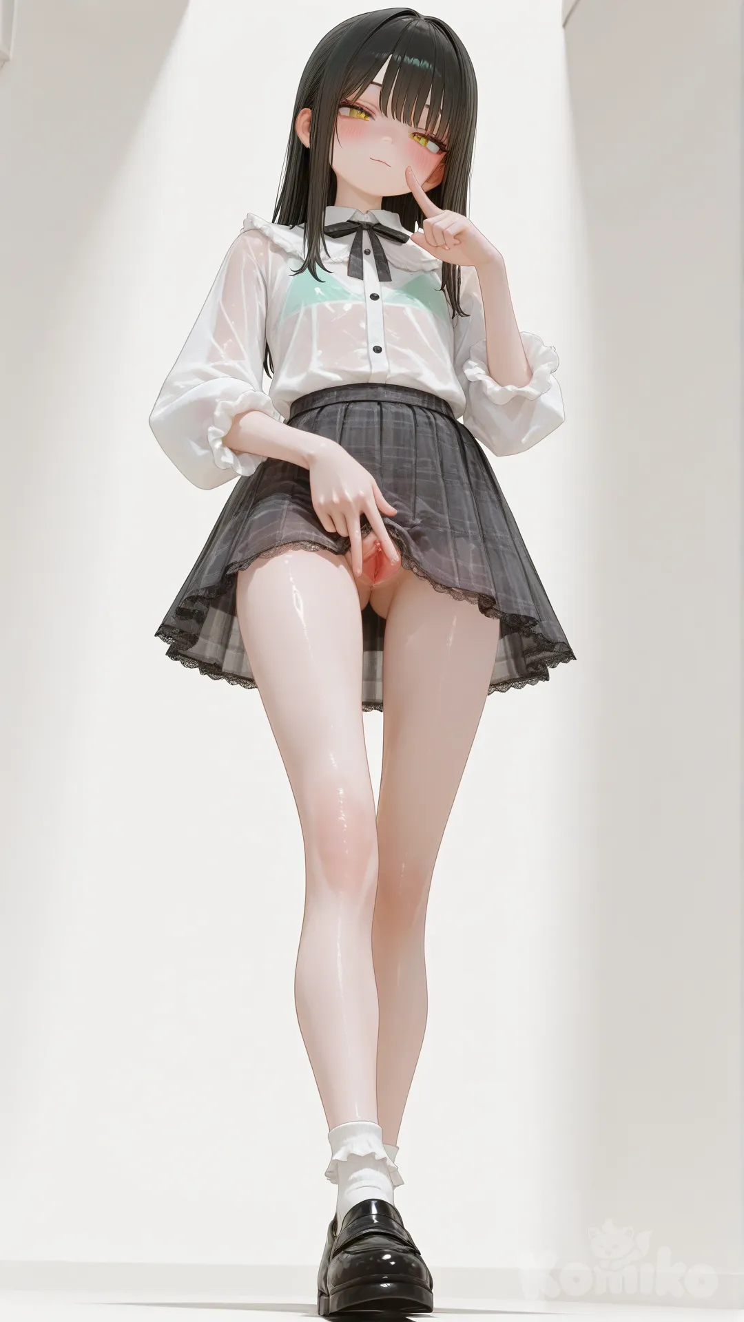 3d质感，萝莉身材，裙底风光，半透明的衣服，全身照[sensual-glossy-style]一根手指翻开半边阴道