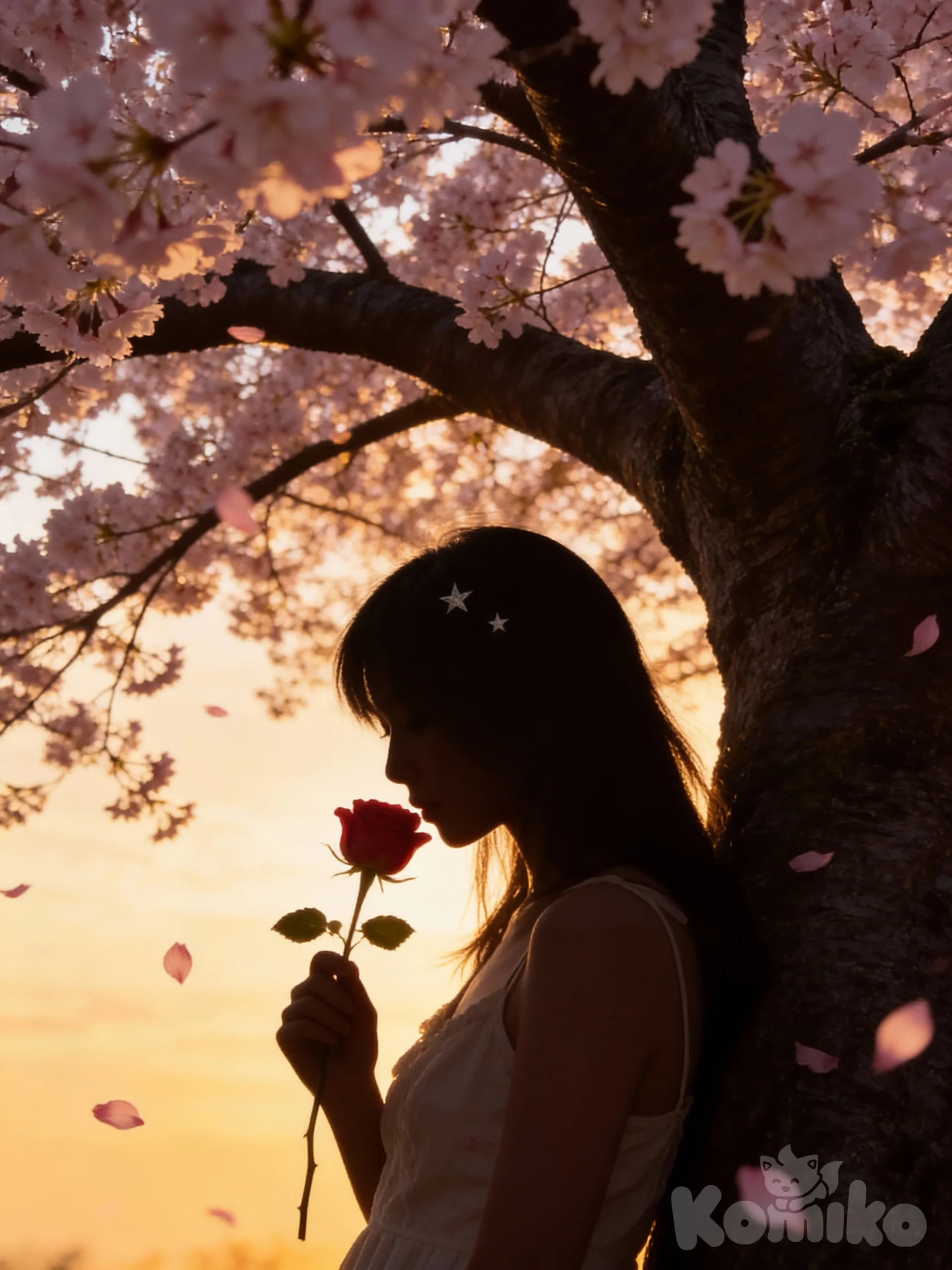 拿了不说是给,以图中人物为主体,图中人物的剪影、保持头饰与发型服装不变,倚靠在一颗巨大的樱花树下,右手持一朵玫瑰,低头闻着玫瑰花香,电影级光影效果,逆光,人物剪影。黄昏。场景中有些许零散的粉色花瓣飘落,浪漫氛围,极致细节。比例3:4, mmexport1766926595847