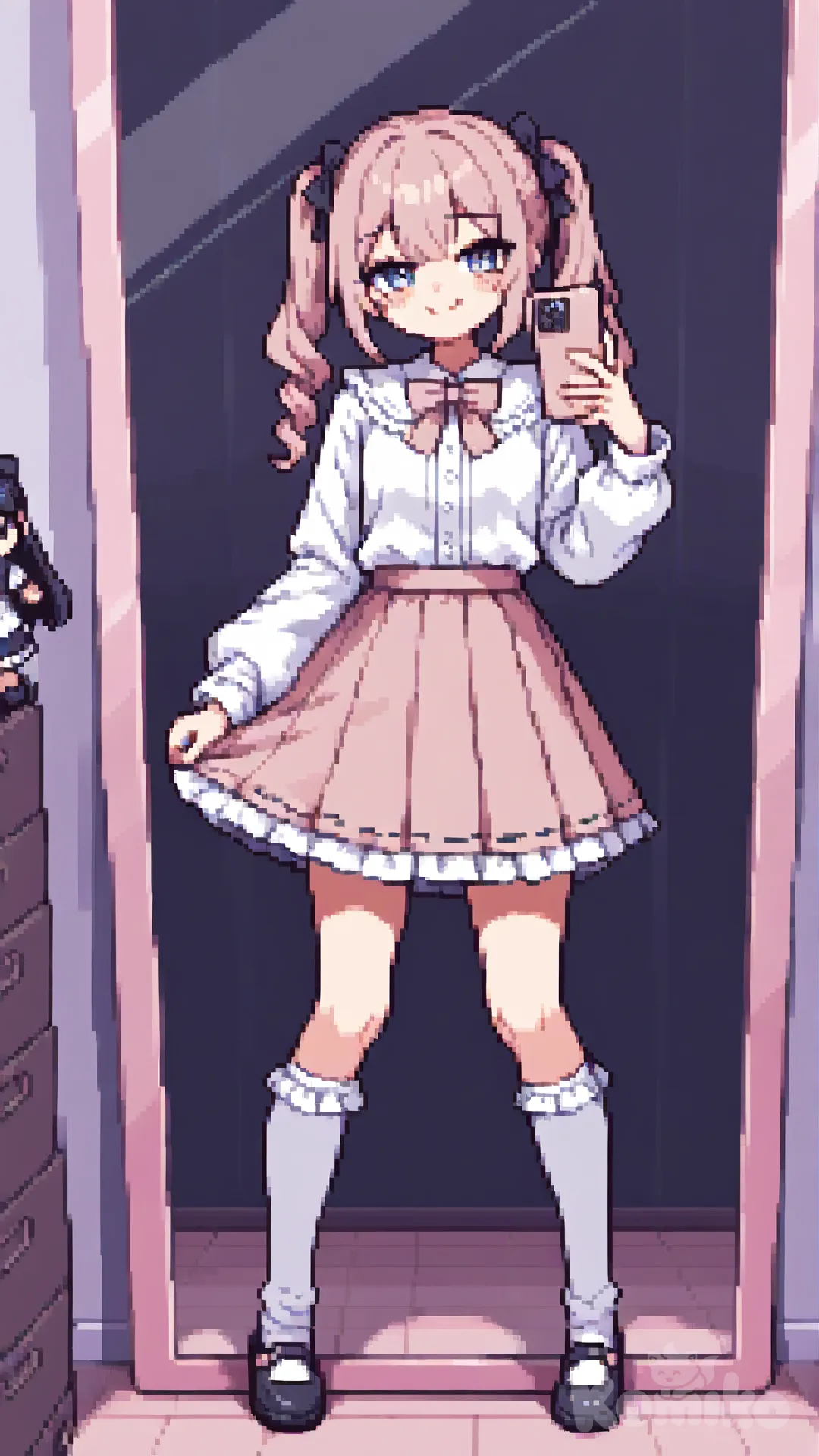 bjd，堆堆袜，蝴蝶结绑带百褶裙，可爱蕾丝上衣，对镜自拍, [soft-pixel-art-style]