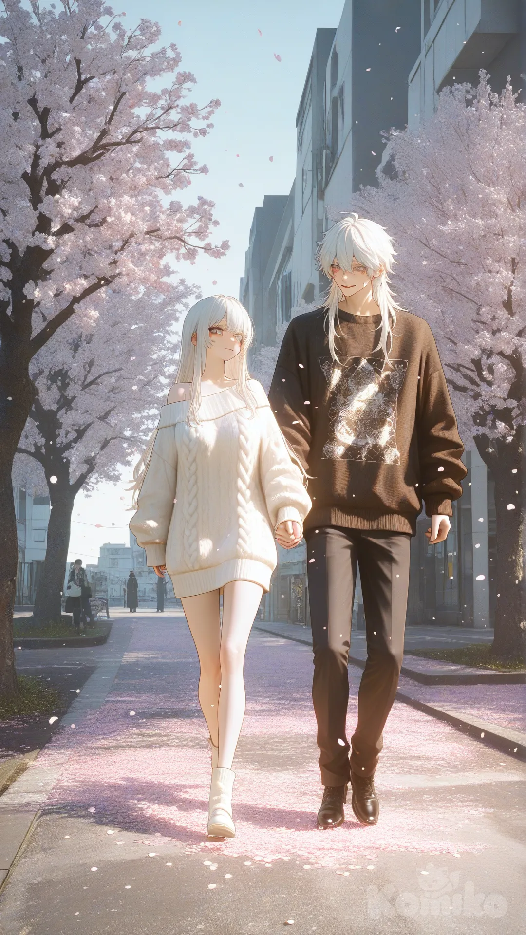 3D，白色长发，异瞳白色，脸型精致，妆容精致，露肩毛线衣，可爱，比例 ，手牵着手，城市街景，路边有粉色的樱花树，地上有零零散散的花瓣，3d，，一男一女走在约会的路上, 1boy, 1girl, 2people, [sensual-glossy-style]
