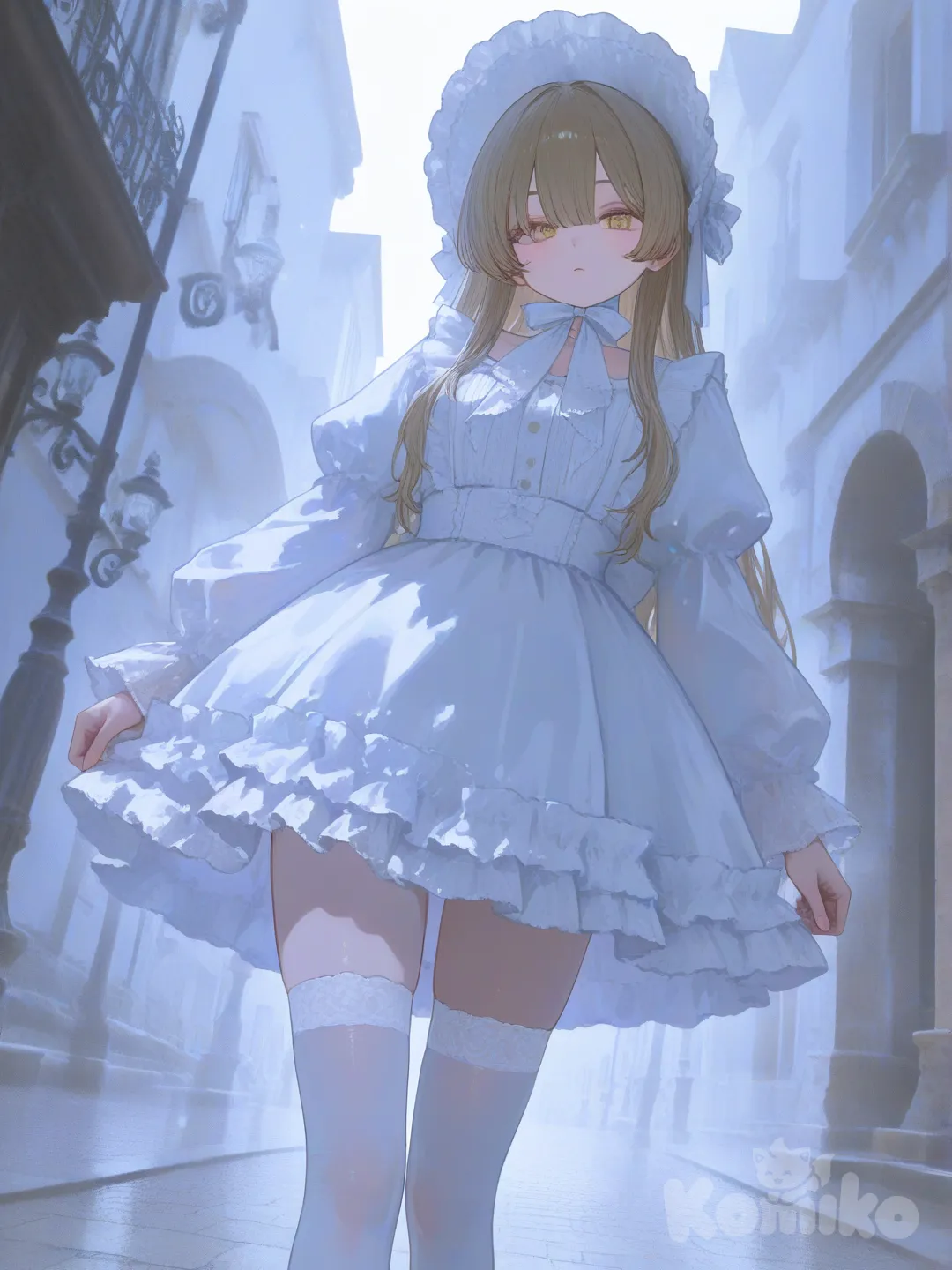 穿着洛丽塔，优雅的站在那里，美丽的城市风景，白丝，仰视镜头, 1girl, [sensual-glossy-style]