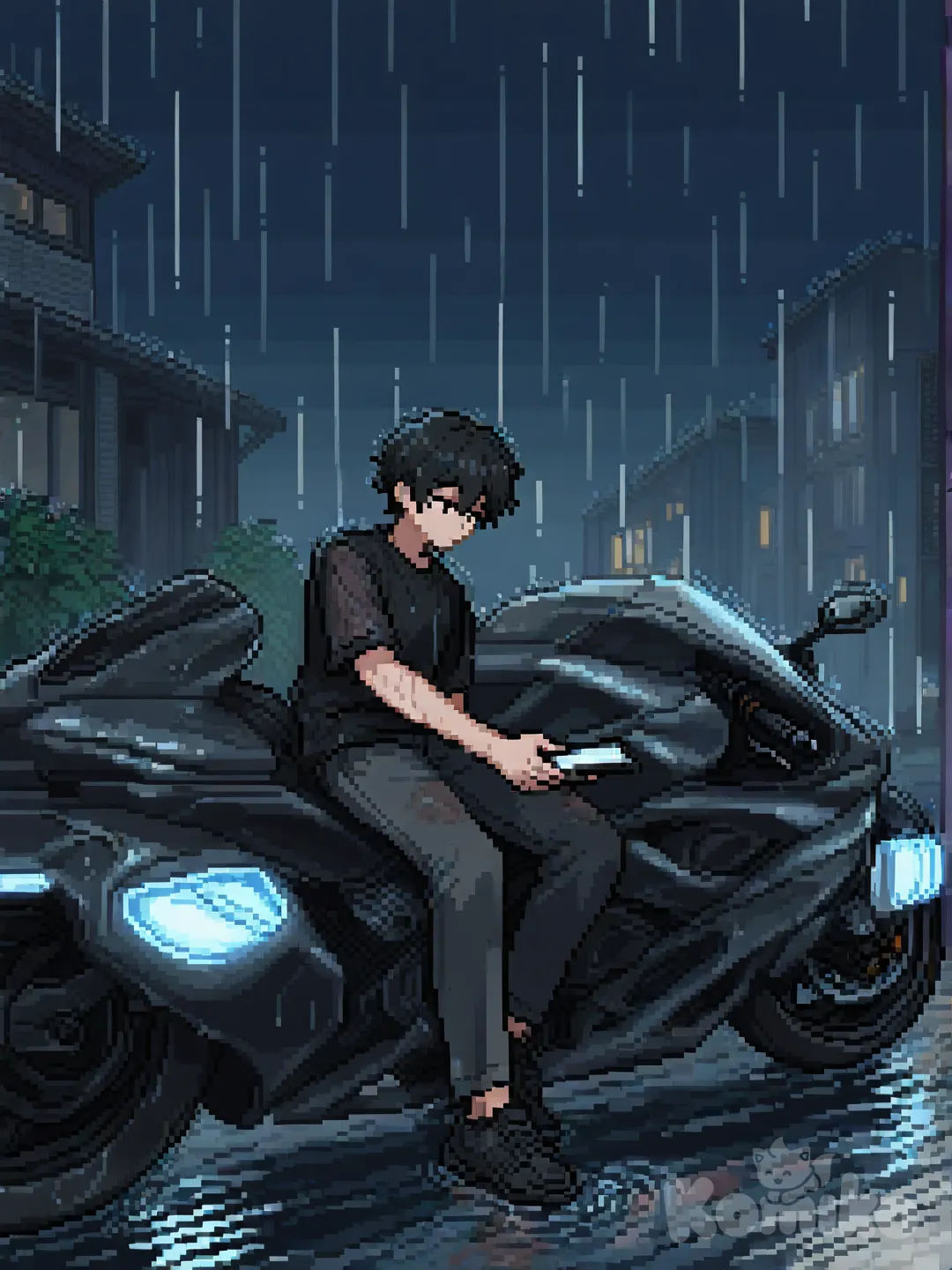 像素风格插画，日式漫画脸，画面主体为一位站在路边的男孩，人物穿着黑色T桖，手里拿着手机，坐在机车旁边。背景是雨中，身旁停着宝马1000r r机车，建筑以暗灰色调为主，部分窗户透出微光，整体氛围孤寂、略带忧郁 。, 1boy, [soft-pixel-art-style]