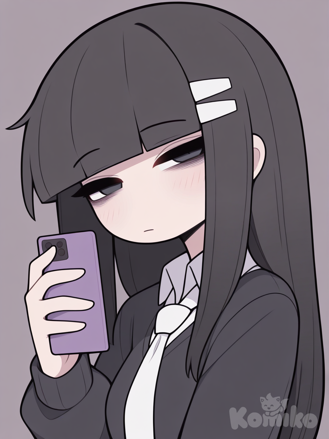 线性动漫白女生可爱，可爱头像，有点困意很平静的表情，黑色齐腰直长发，左边有一小捆头发，小发夹，齐刘海，黑色眼睛，校园制服系的，白色色小领带，对着镜头自拍，拟人