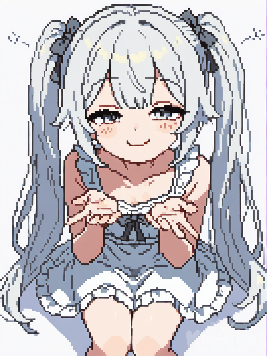 图片风格为像素风,像素艺术，精致，像素风格，复古，二次元，动漫风格。,这是一幅具有复古二次元动漫风格的精致像素艺术作品，画面采用斜上方视角。画面主体是一位白毛少女，她有着灰色的眼睛，长长的双马尾，身穿白色连衣裙，正卧跪在纯白色的背景之上。少女眼神懒散地看向镜头，嘴角带着微笑，伸出双手张大做出要抱抱的动作，，营造出独特的像素风氛围。都有很恐怖