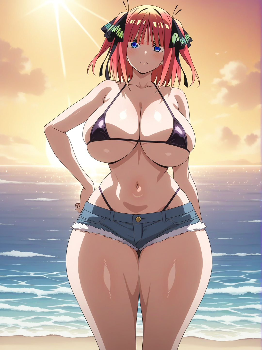 Nakano Nino, huge breasts, huge ass, curvy, wide hips, thick thighs, narrow waist, micro bikini, short shorts, nipples, ocean, black bikini, [bright-anime-style]