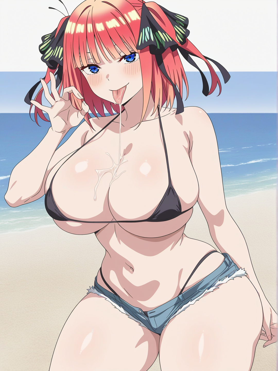 Nakano Nino, huge breasts, huge ass, curvy, wide hips, thick thighs, narrow waist, micro bikini, short shorts, ocean, black bikini, [bright-anime-style], fellatio gesture, seductive smile, saliva trail, headshot