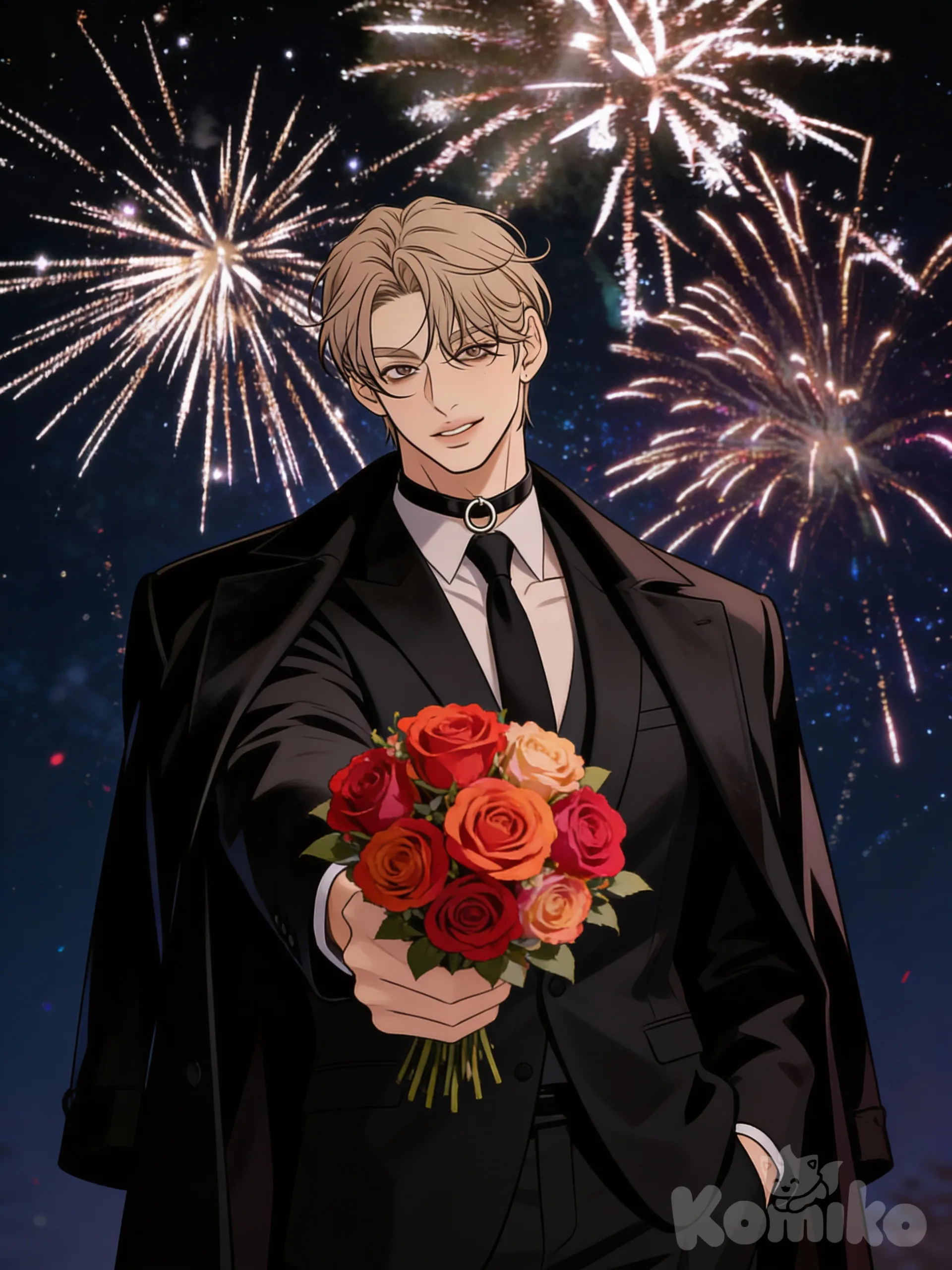 A stylish manhwa-style man standing confidently, one hand in his pocket, the other holding a bouquet of flowers extended forward as if offering it to you. He wears a sleek coat over a suit. Dark night sky with realistic, colorful fireworks exploding above. Dramatic, moody lighting with a realistic yet artistic atmosphere. high-quality anime/manhwa art style, sharp, cinematic, slightly romantic vibe.