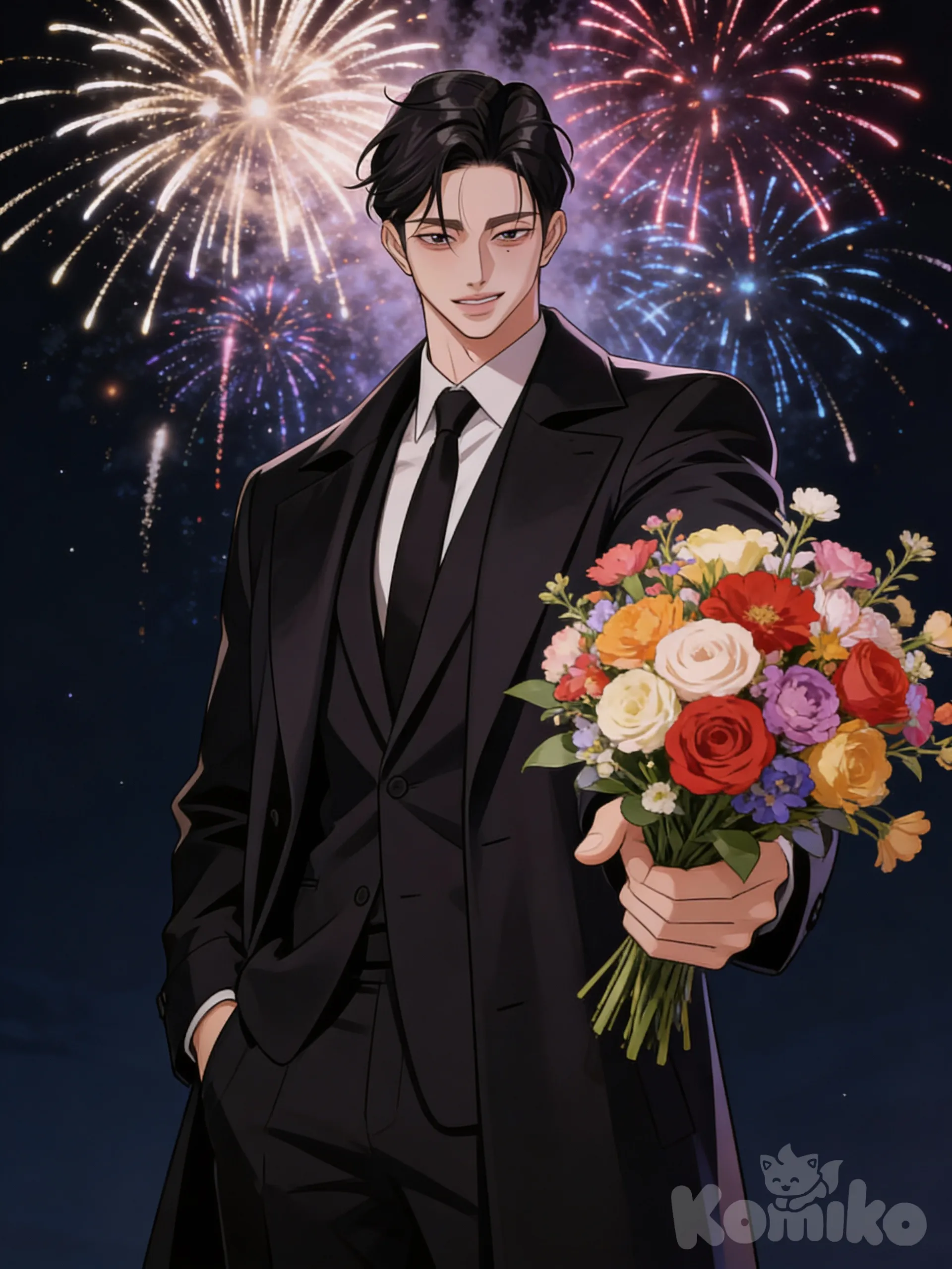 A stylish manhwa-style man standing confidently, one hand in his pocket, the other holding a bouquet of flowers extended forward as if offering it to you. He wears a sleek coat over a suit. Dark night sky with realistic, colorful fireworks exploding above. Dramatic, moody lighting with a realistic yet artistic atmosphere. high-quality anime/manhwa art style, sharp, cinematic, slightly romantic vibe.