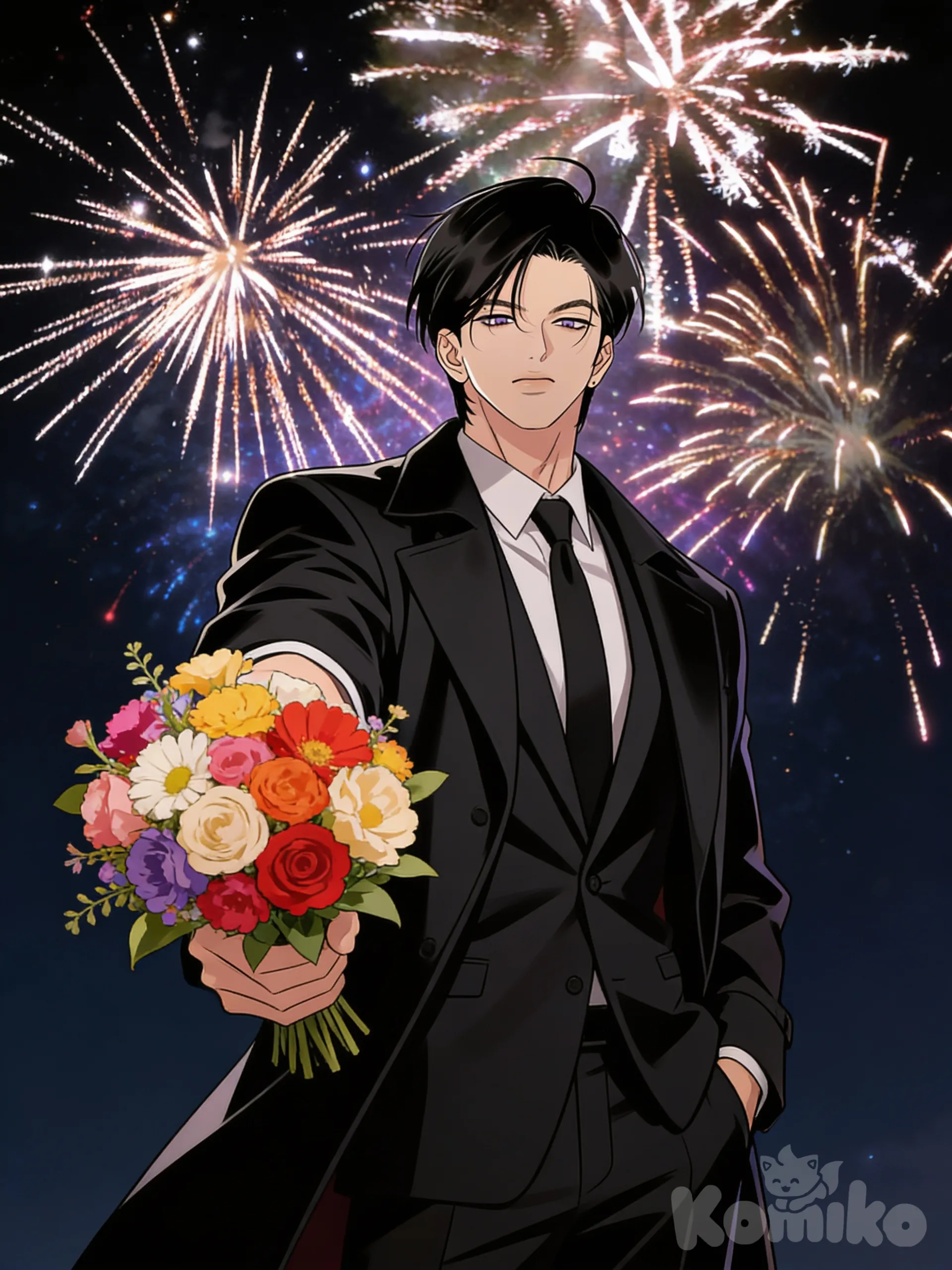 A stylish manhwa-style man standing confidently, one hand in his pocket, the other holding a bouquet of flowers extended forward as if offering it to you. He wears a sleek coat over a suit. Dark night sky with realistic, colorful fireworks exploding above. Dramatic, moody lighting with a realistic yet artistic atmosphere. high-quality anime/manhwa art style, sharp, cinematic, slightly romantic vibe.