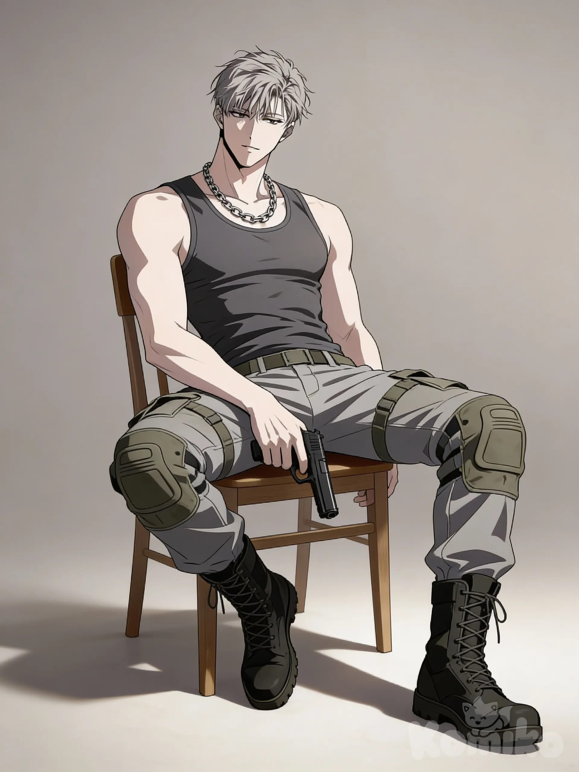 A stylized man sitting in a relaxed, confident pose on a simple chair, one leg bent and resting forward while the other is extended, body slightly reclined. He is wearing a fitted sleeveless tank top and rugged military cargo pants tucked into combat boots. A metal chain necklace rests on his neck. He holds a gun loosely in one hand, resting it casually near his thigh (no action pose). Short, slightly tousled hair, calm and serious expression. Modern anime / semi-realistic art style, clean linework, soft shading, neutral background, dramatic but subtle lighting, focus on posture and attitude.