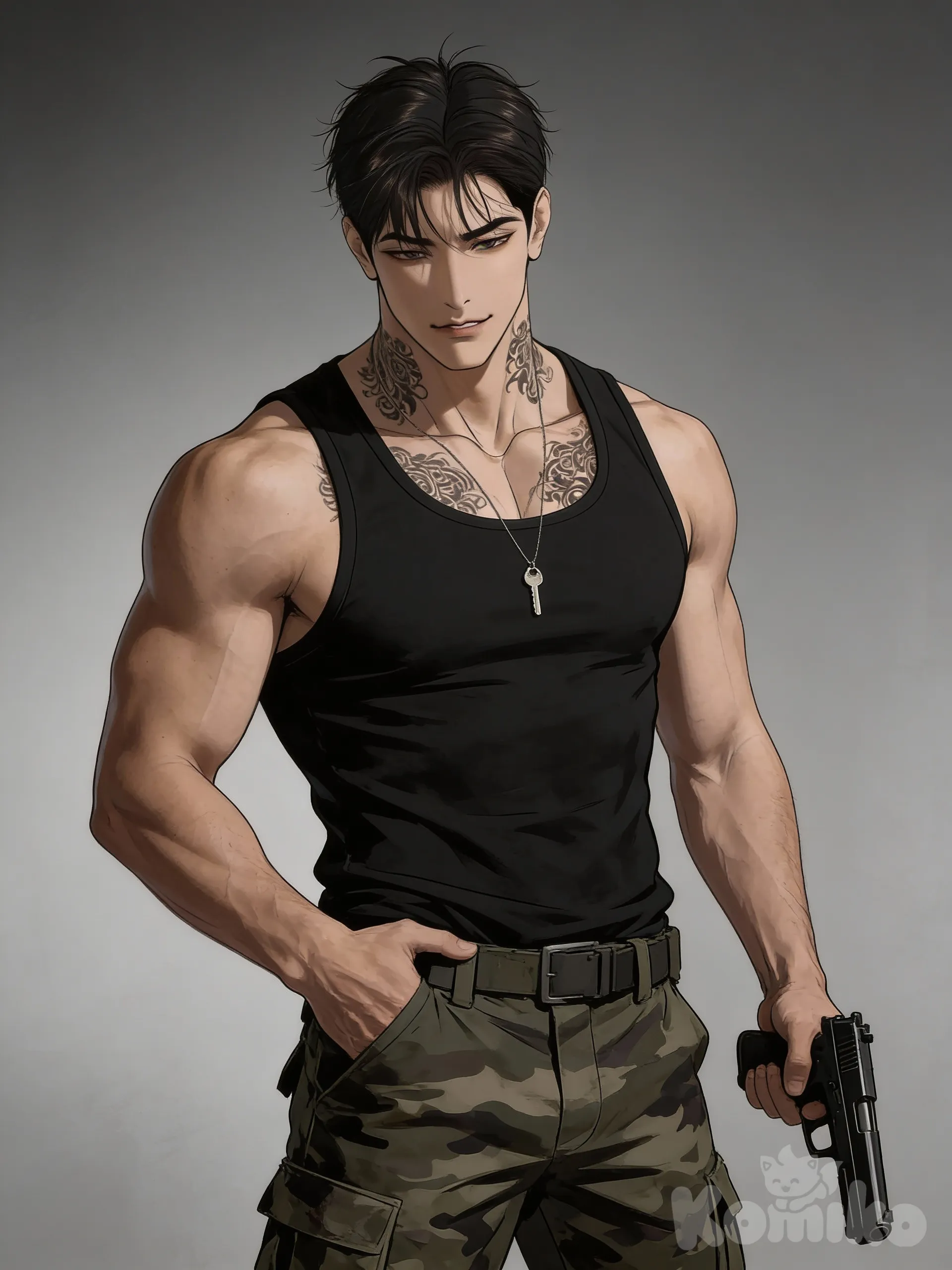 A confident, muscular man wearing a fitted sleeveless black tank top and camouflage military pants. He holds a gun in one hand. Around his neck is a thin, simple chain with a small key pendant. He has a sharp jawline, intense eyes, and a serious expression. Realistic lighting, textures, and a gritty action atmosphere.