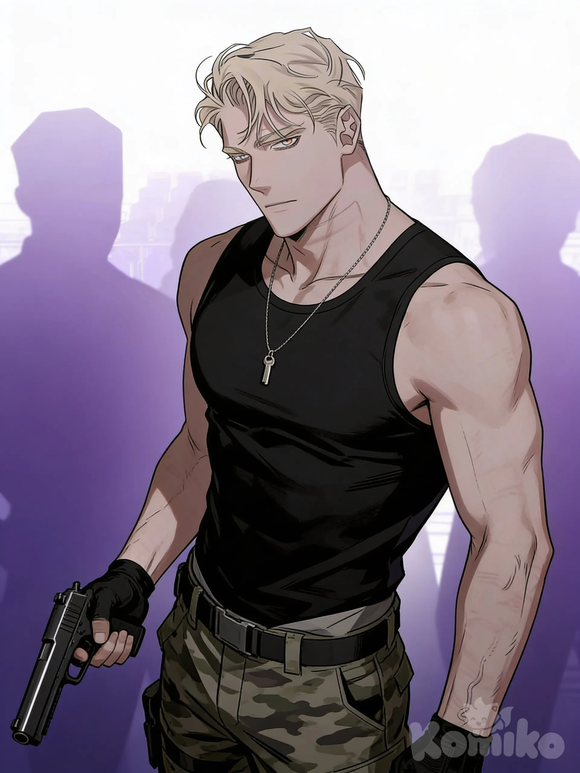 A confident moderately muscular manhwa man wearing a fitted sleeveless black tank top and camouflage military pants. He holds a gun in one hand. Around his neck is a thin, simple chain with a small key pendant. He has a sharp jawline, intense eyes, and a serious expression. Realistic lighting, textures, and a gritty action atmosphere.