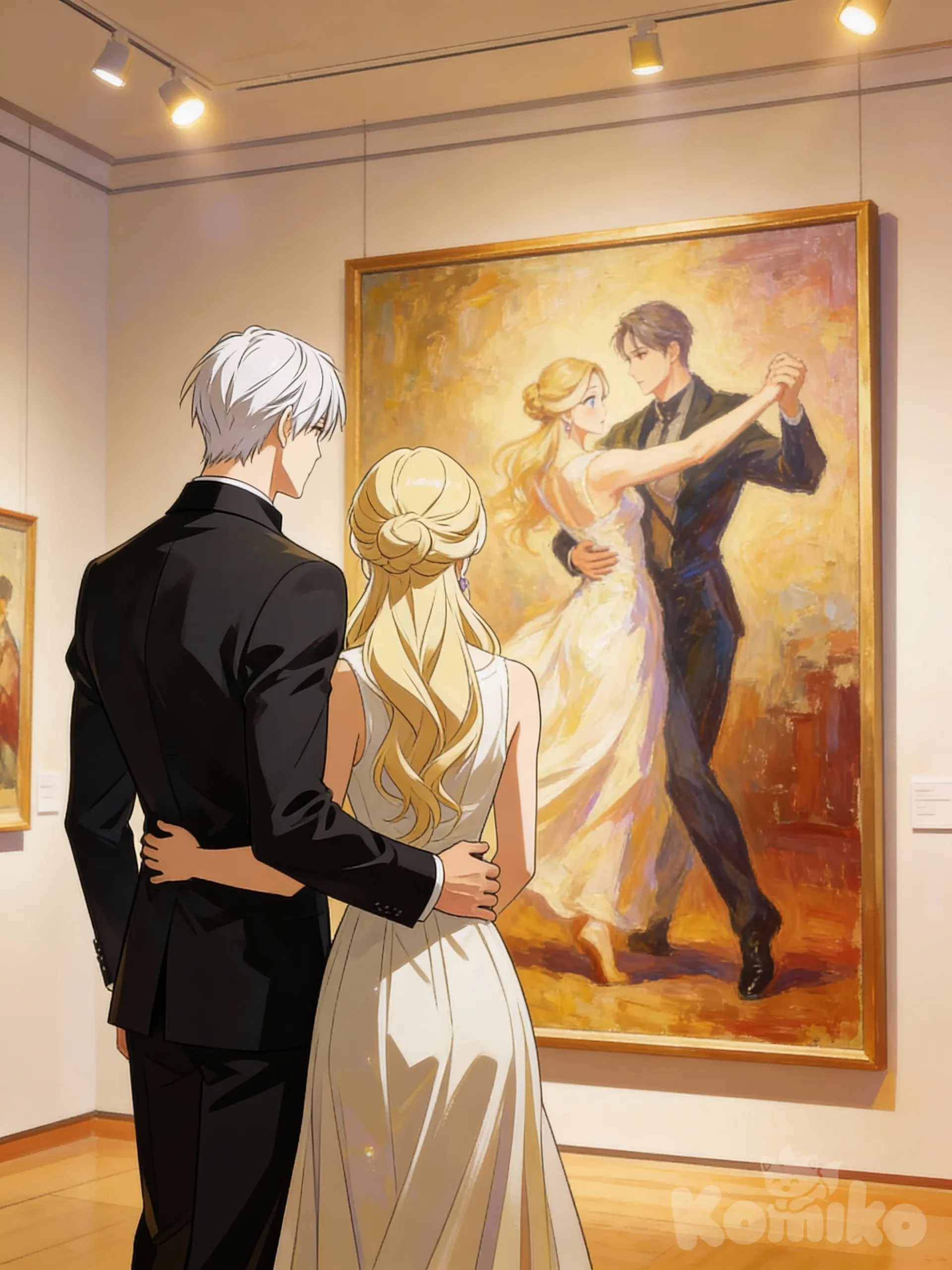A romantic manhwa-style illustration of a couple standing in an art gallery, viewed from behind, facing a large expressive oil painting of a dancing couple.
The man wears a fitted black suit, standing tall and calm. The woman wears a flowing light-colored sleeveless dress, elegant and soft. Their posture is close and intimate, suggesting emotional connection.
The large painting in front of them depicts the same couple in a graceful dance pose, painted in a loose, painterly style with warm tones and soft brush strokes.
Use the provided reference face image(s) to match facial features and hairstyle, but render all faces strictly in manhwa illustration style, not realistic or photorealistic.
Faces should have clean linework, soft shading, stylized eyes, smooth skin, and painterly highlights typical of high-quality romance manhwa.
Lighting is warm and gallery-like, with a calm, elegant atmosphere.
Art style: Korean manhwa, romantic illustration, painterly background, soft color palette, cinematic composition, high detail, smooth gradients, no realism, no photographic texture.