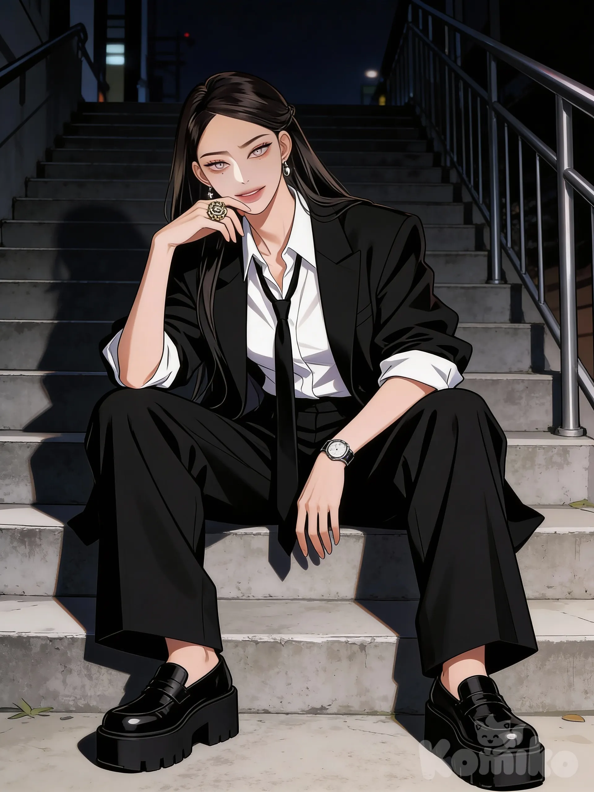 A female character sits on outdoor concrete steps at night, drawn in polished manhwa style. She sits with her upper body slightly leaning forward, giving a relaxed but intense presence. Her head is subtly tilted to the right, adding attitude and charisma. Her long hair is styled with soft volume, tucked partly behind one ear and falling naturally over her shoulders.
She wears an oversized black blazer with rolled-up sleeves over a crisp white dress shirt, paired with a loosely hanging black tie. She has wide-leg black trousers and chunky platform loafers. One hand rests between her knees while the other is lifted near her lips, showing a bold, ornate ring. She also wears simple metallic earrings and a sleek wristwatch.
Her expression is calm and confident, with sharp manhwa-style eyes and glossy makeup.
The background is a dim staircase with shadows, metal railings, and a moody urban night atmosphere. Render everything with dramatic lighting, expressive linework, and stylized manhwa shading.