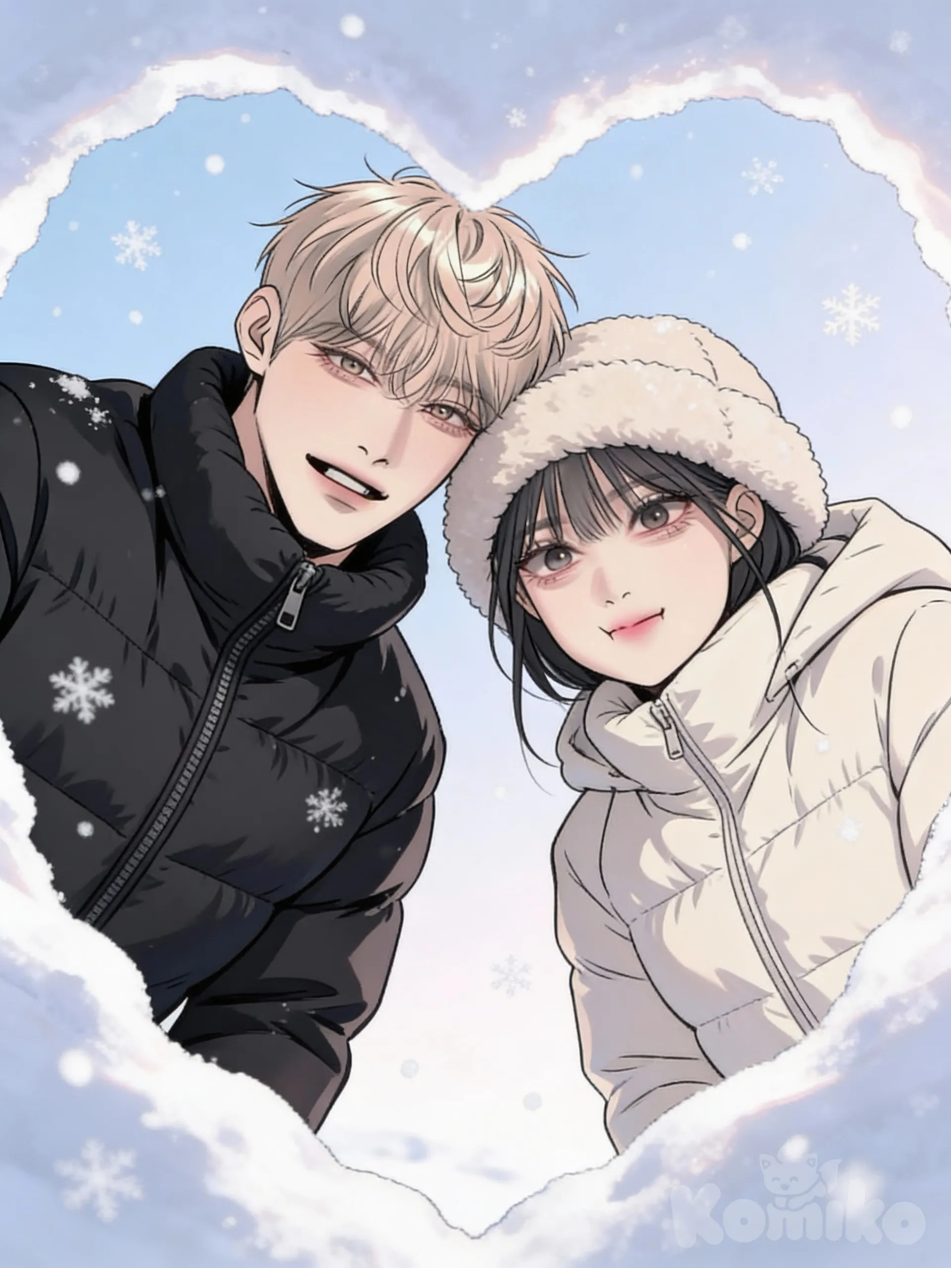 A soft, romantic manhwa-style illustration of a couple viewed from a low angle, as if the viewer is looking up at them through a heart-shaped opening in the snow.
The man is leaning slightly forward, looking directly at the camera with his full face clearly visible. He is wearing a black puffer jacket zipped up, giving a cozy winter look.
The woman stands beside him, also leaning forward and looking straight at the camera, wearing a light-colored winter puffer jacket and a padded winter hat.
Snow gently falls around them, with soft flakes visible in the air. The background is a pale winter sky, creating a calm and dreamy atmosphere.
The mood is cute, warm, and intimate, contrasting the cold winter setting.
Drawn in clean manhwa/webtoon art style, smooth linework, soft shading, pastel winter tones, expressive eyes, gentle lighting, 2D illustration only, not photorealistic, not real people.