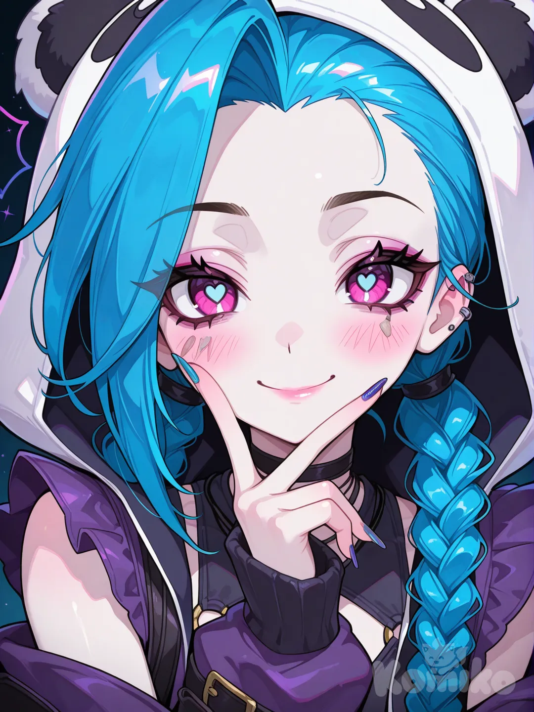 anime girl with panda hat, cute kawaii style, adorable character design, @Jinx_(League_Of_Legends),show nails,long nail