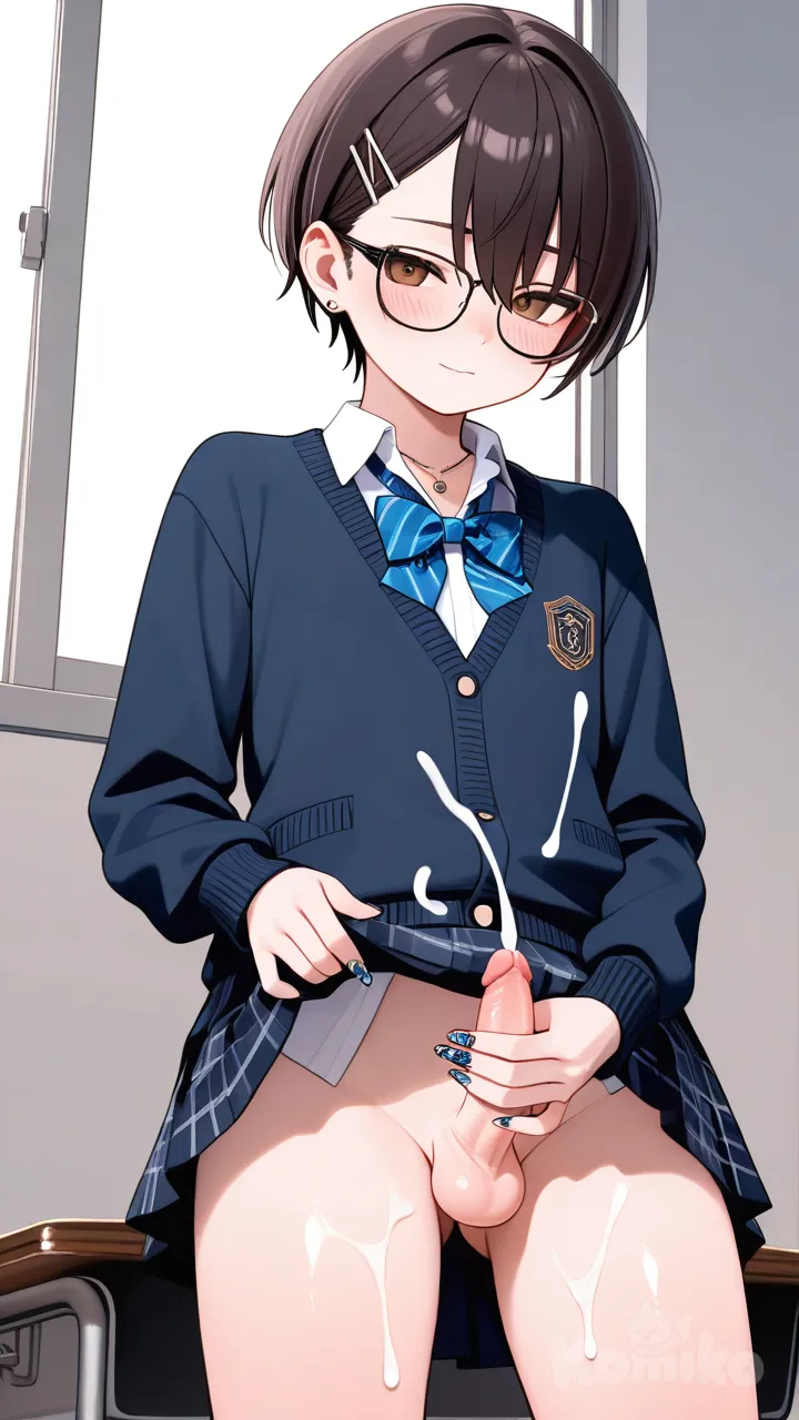 1boy, short, slim, petite, brown eyes, fair skin, school uniform, bow tie, earrings, necklace, hairpin, hair accessory, glasses,long nail, nail art, teenager,Masturbation, holding the penis while masturbating, ejaculation, forced ejaculation, small penis. ,Boyish hairstyle, femboy
