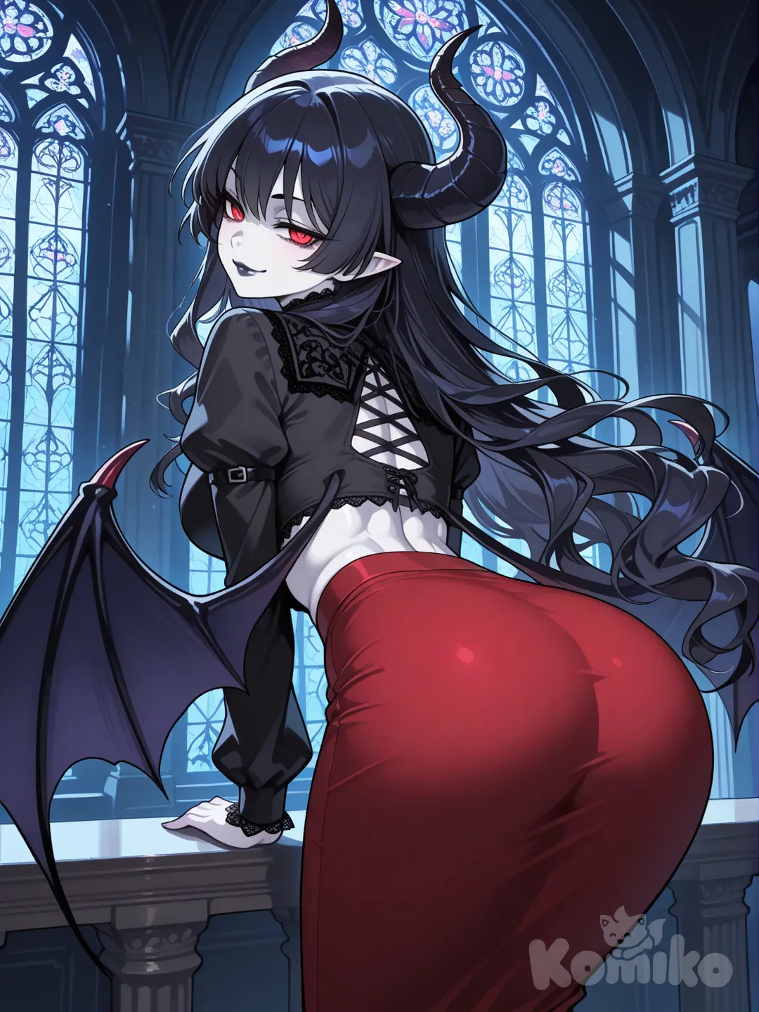 sex from behind, Chica súcubo, sola, mujer adulta, figura estilizada y voluptuosa de manera elegante, cintura fina, abdomen marcado, curvas suaves. Piel blanca pálida con brillo suave. Cabello negro azabache muy largo, ondulado y flotando con efecto místico. Ojos grandes estilo anime, mirada intensa y seductora, expresión dominante, cejas afiladas, labios oscuros con sonrisa provocadora.
Top rojo ajustado estilo anime, falda roja corta con diseño gótico moderno (no explícita). Detalles demoníacos sutiles en la ropa. Cuernos negros en espiral corta, alas de demonio grandes negras con reflejos azul oscuro. Iluminación azul profunda con sombras dramáticas.
Fondo: gran catedral gótica oscura, vitrales demoníacos, pilares altos, ambiente místico. Estética demoníaca elegante. Estilo anime hiper detallado.