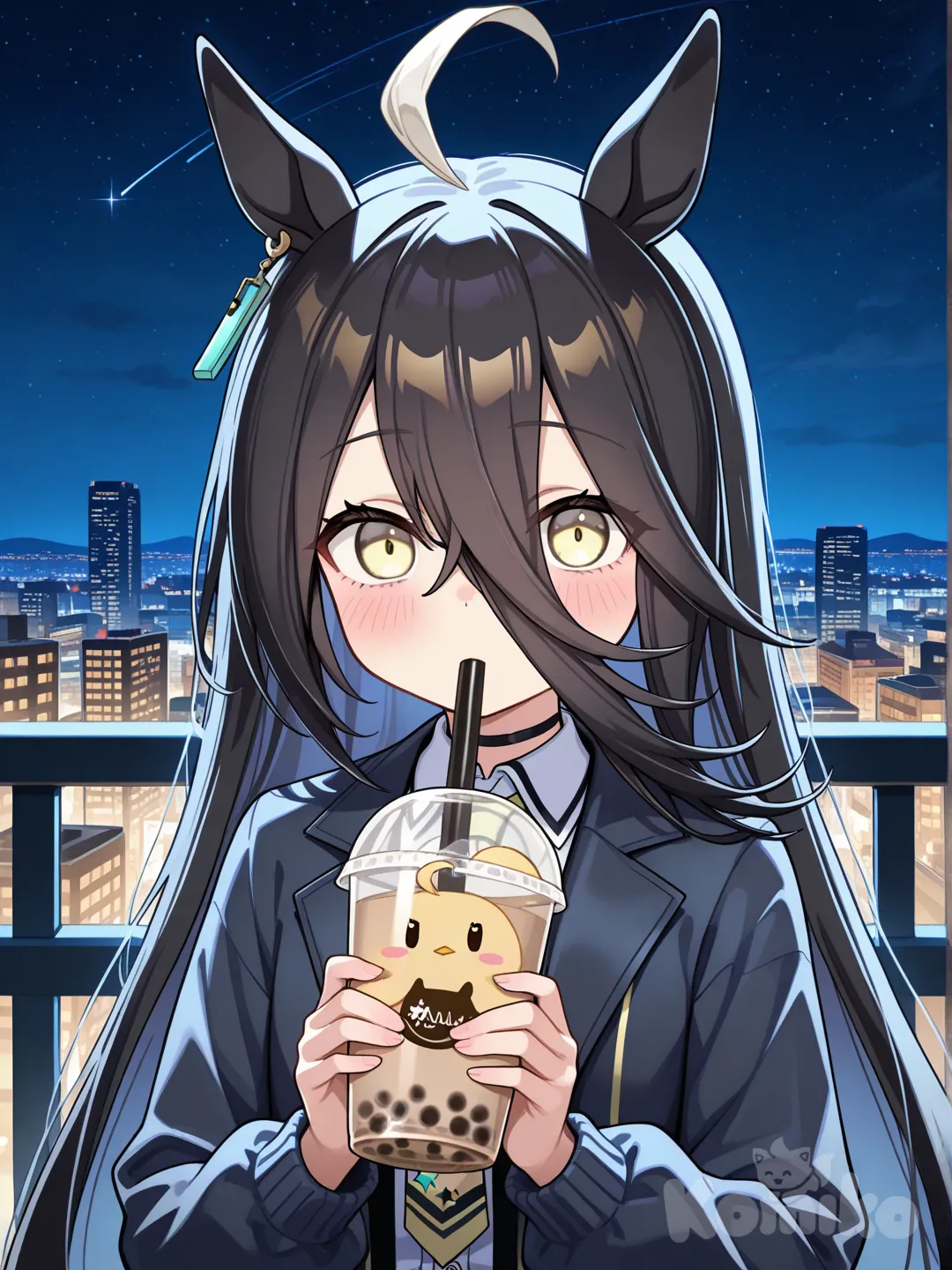 manjuu (azur lane), bubble tea, night, manhattan cafe (umamusume)