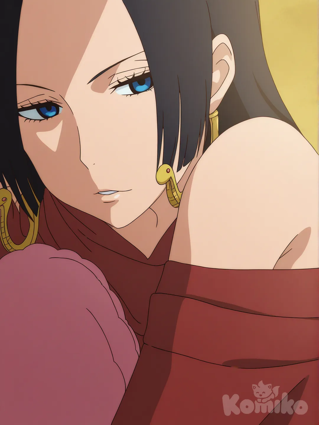 1girl, seductive pose, cosplay de luffy, anime_style, ultra-, @Boa_Hancock, [flat-anime-style]