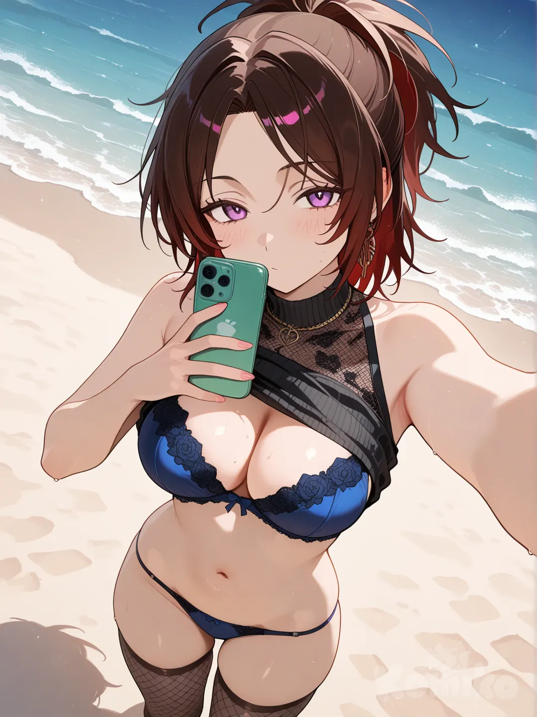 @Hange_Zoe, wearing only black fishnet stockings and low-cut underwear, beach, selfie, Lift up one side of your bra.