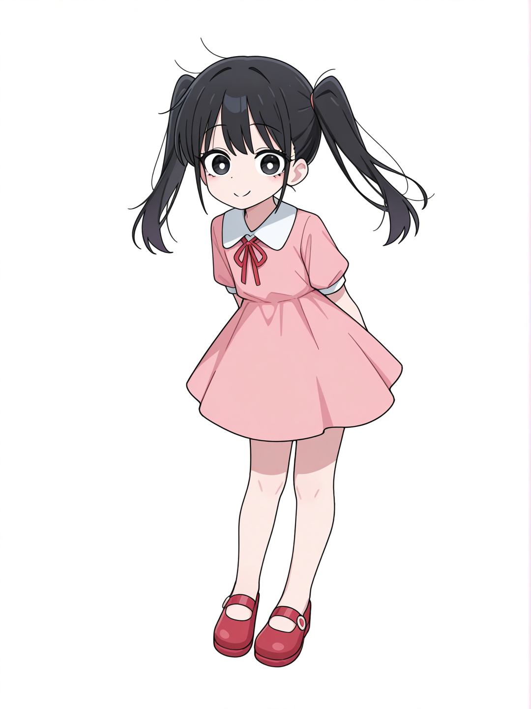 [toon-shaded-style] 1girl, japanese, child, long_hair, black_hair, straight_hair, twintails, red_ribbon, large_eyes, black_eyes, fair_skin, slender, round_face, innocent_expression, serene, smile, pink_dress, collared_dress, white_collar, short_sleeves, knee_length_dress, red_shoes, kawaii, doraemon style, single character, full body, looking at viewer, anime style, simple background, white background