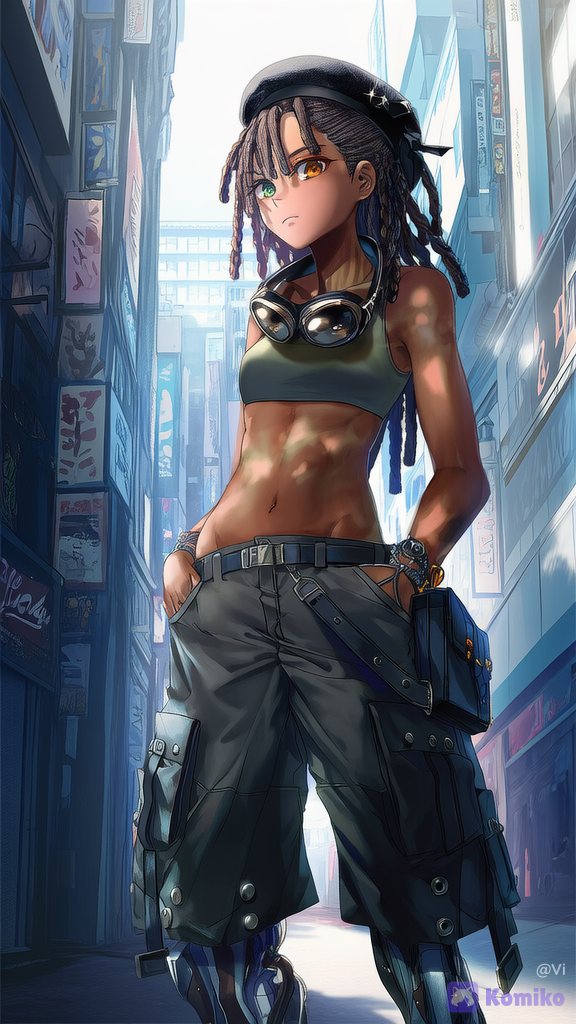 1girl, deep brown skin, small spots of vitiligo, heterochromia, left amber brown eye, right dark green eye, black bionic cat legs, steampunk goggles around neck, thin, muscle toned body, braided dreadlock hair, black cargo shorts, camouflage tanktop, head tilt, hands in pockets, scifi streetwear outfit, studs, black satchel, simple black beret, black hair, high ponytail, soft shadow, high contrast, [high-contrast-glossy-style][iridescent-style][polished vibrant style]