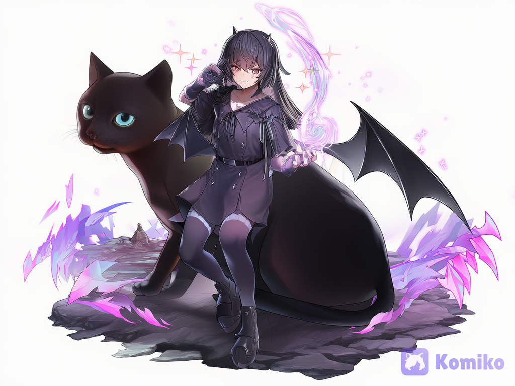 Large black cat, black bat wings, small black horns, full body, looking at viewer, ethereal lighting, glowing particles, flickering light, sparkle, white background, clean background, [vivid-detailed-style][dazzling-illustration][polished-vibrant-style][iridescent-style][sweet-lightnovel-style]
