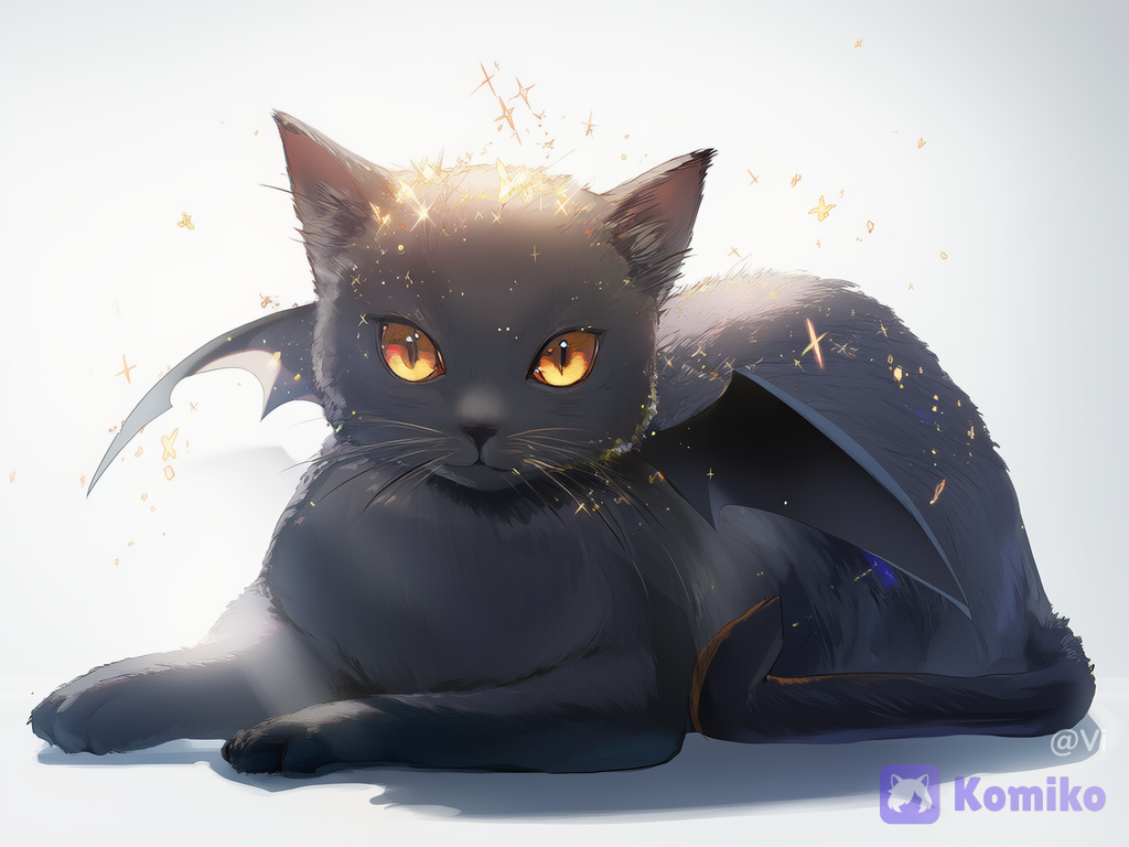 Large black cat, black bat wings, small black horns, looking at viewer, ethereal lighting, glowing particles, flickering light, sparkle, white background, clean background, [vivid-detailed-style][dazzling-illustration][polished-vibrant-style][iridescent-style][sweet-lightnovel-style]
