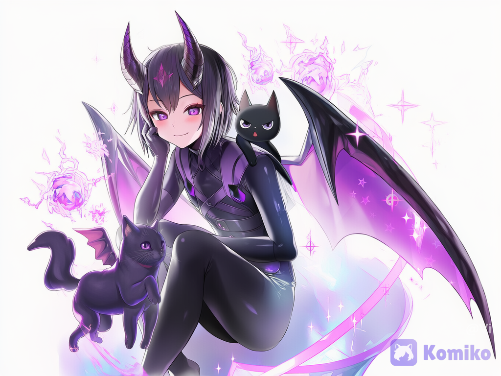 Large black cat, black bat wings, small black horns, amethyst eyes, looking at viewer, ethereal lighting, glowing particles, flickering light, sparkle, white background, clean background, [vivid-detailed-style][dazzling-illustration][polished-vibrant-style][iridescent-style][sweet-lightnovel-style]