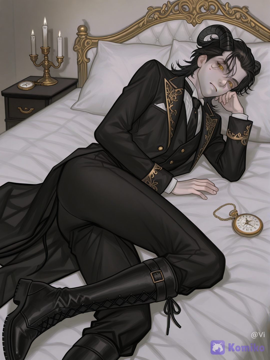 @marxus-thorneld-JNfh, lie on stomache, head tilt, laying on bed, head on pillow, portrait, looking at viewer, flickering light, ethereal lighting, candlelight, twilight, Victorian style bedroom, bedroom background, soft shadow, gothic, high contrast, [digital-painterly-style][vivid-detailed-style][sweet-lightnovel-style][polished-vibrant-style][pop-anime-style][dazzling-illustration]