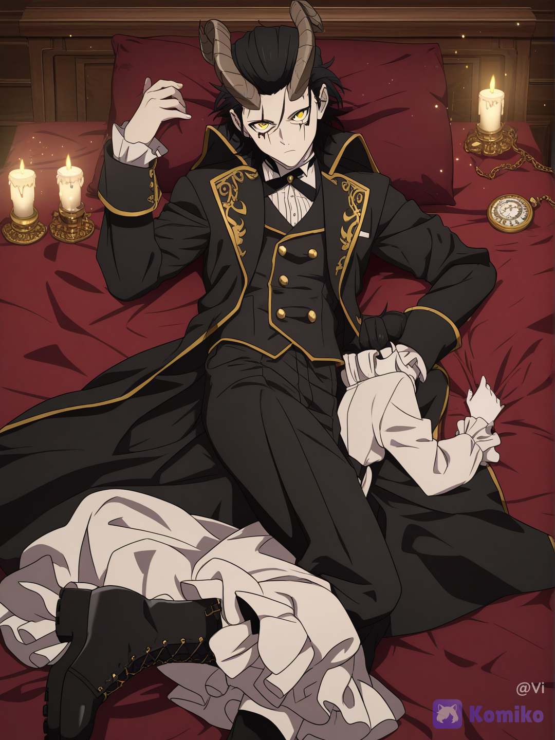 @marxus-thorneld-JNfh, lie on stomache, head tilt, laying on bed, head on pillow, portrait, looking at viewer, flickering light, ethereal lighting, candlelight, twilight, Victorian style bedroom, bedroom background, soft shadow, gothic, high contrast, [pop-anime-style][vivid-detailed-style][sweet-lightnovel-style][iridescent-style][polished-vibrant-style][dazzling-illustration]