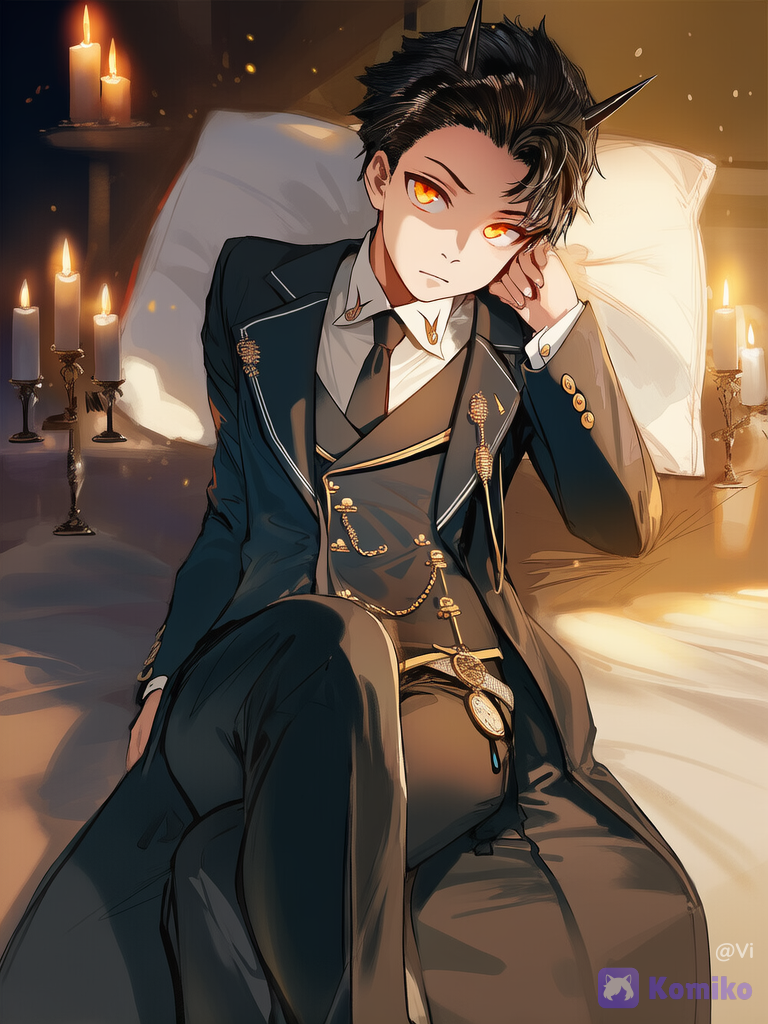 @marxus-thorneld-JNfh, lie on stomache, head tilt, laying on bed, head on pillow, portrait, looking at viewer, flickering light, ethereal lighting, candlelight, twilight, Victorian style bedroom, bedroom background, soft shadow, gothic, high contrast, [detailed-moody-style][lacquered-illustration][hazy-atmospheric-style][pop-anime-style][polished-vibrant-style][dazzling-illustration][sweet-lightnovel-style][vivid-detailed-style]
