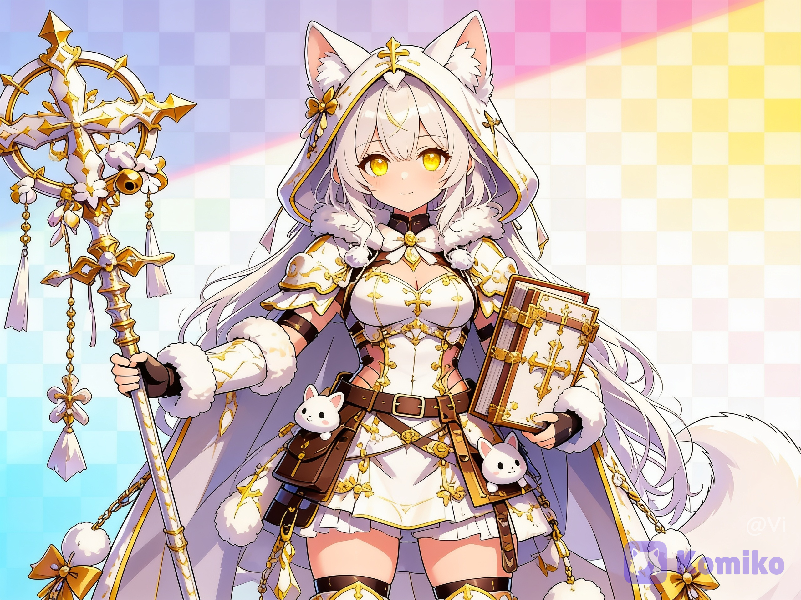1000007401, white snow fox girl, cleric, carrying staff, holding large tome, long cloak, golden yellow eyes, facing viewer, looking at viewer, standing, dynamic pose, 1girl, kawaii, soft shadow, vibrant color, [pop-anime-style][hazy-atmospheric-style][dazzling-illustration][sweet-lightnovel-style][polished-vibrant-style]
