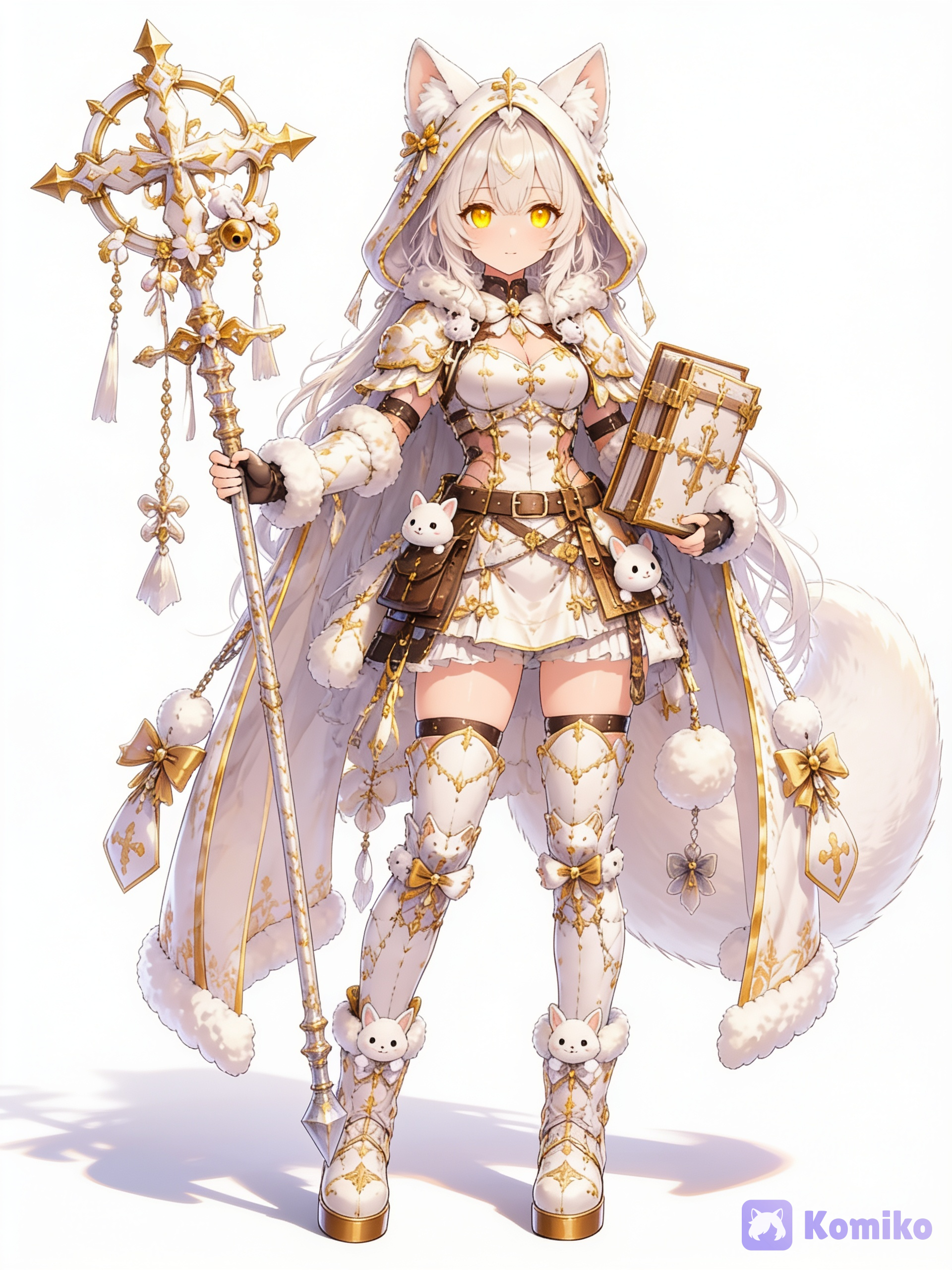 1000007401, full body, no background, wide shot, white snow fox girl, cleric, carrying staff, holding large tome, long cloak, golden yellow eyes, facing viewer, looking at viewer, standing, dynamic pose, 1girl, kawaii, soft shadow, vibrant color, [pop-anime-style][hazy-atmospheric-style][dazzling-illustration][sweet-lightnovel-style][polished-vibrant-style]