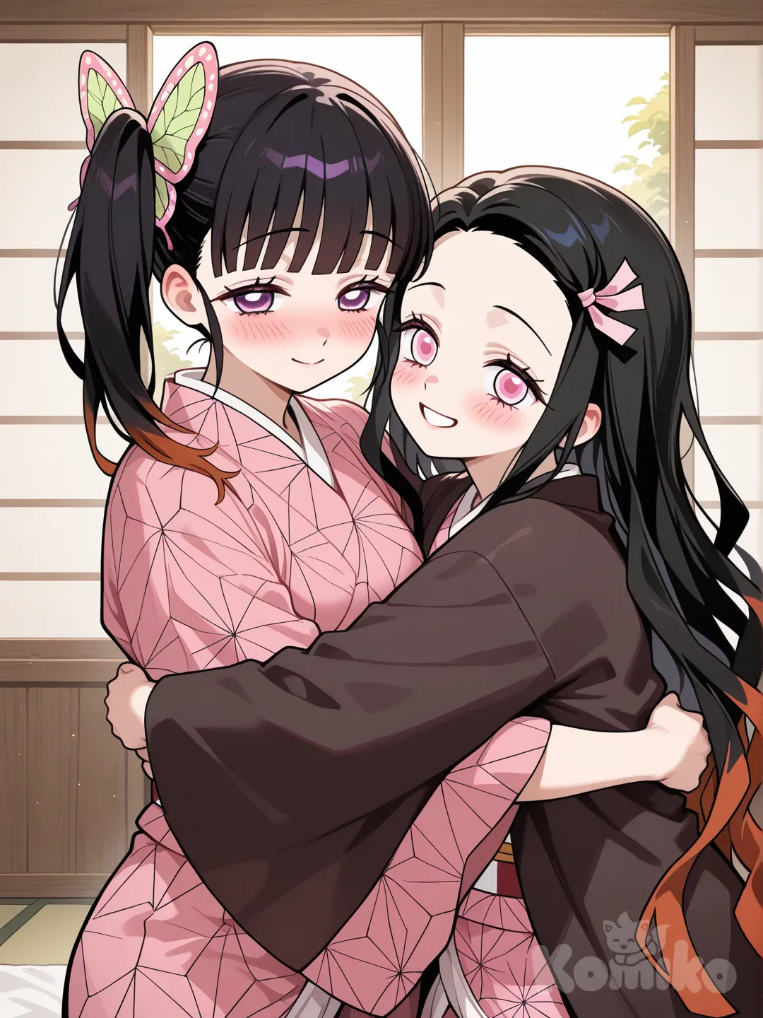 @Tsuyuri_Kanao, @Kamado_Nezuko, hugging each other