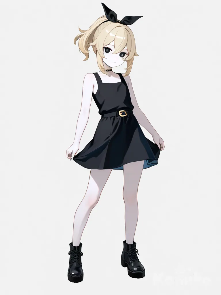 1girl, short light blonde hair, small ponytail, black hair ribbon, black eyes, black tears, slight smile, emotionless, pale skin, black dress, slim, genshin impact, single character, full body, looking at viewer, simple background, white background