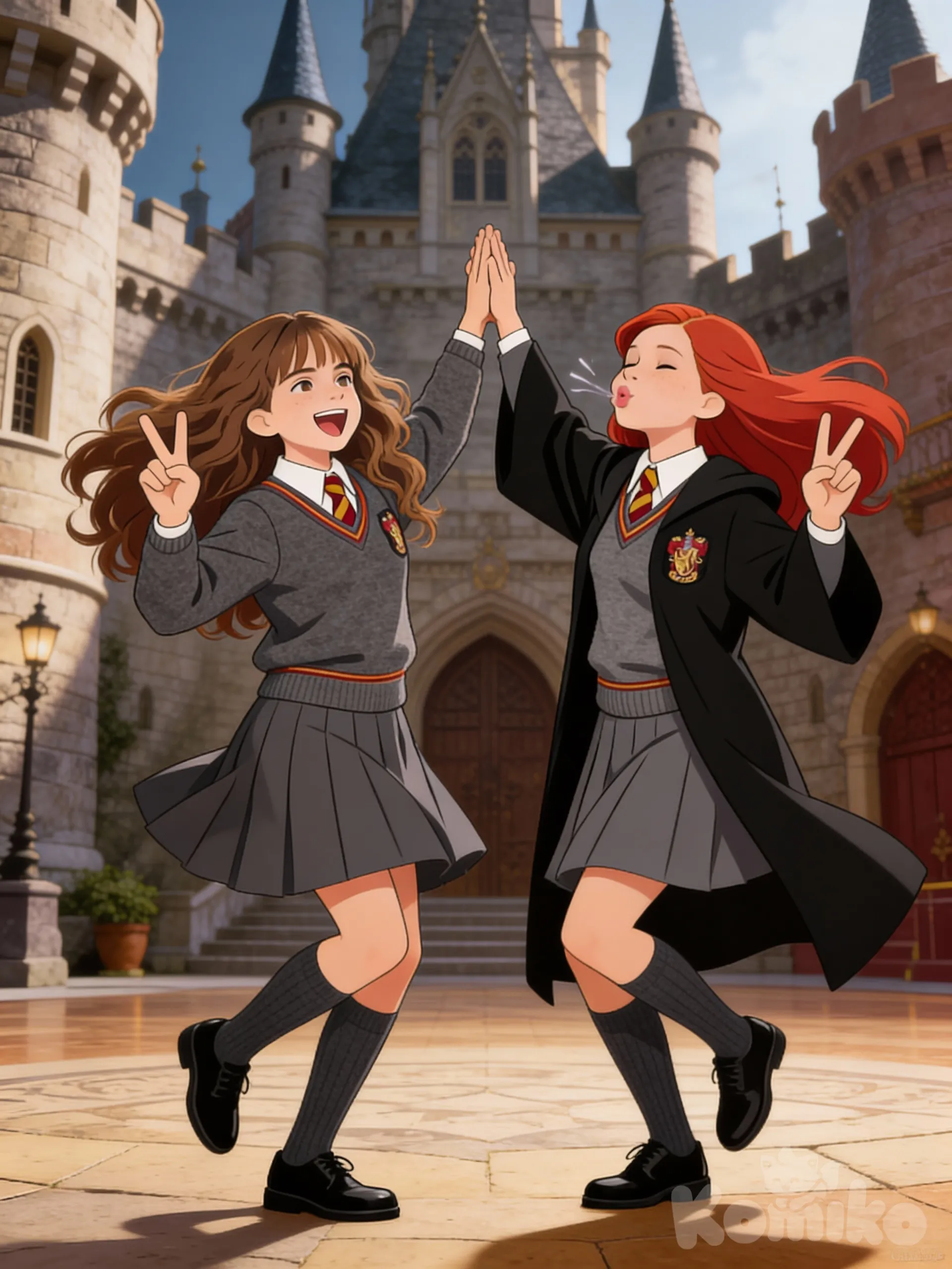 blowjob, @Hermione_Granger, @Ginny_Weasley, dancing, v sign, 2people, holding hands, high five, smirk, open mouth, castle