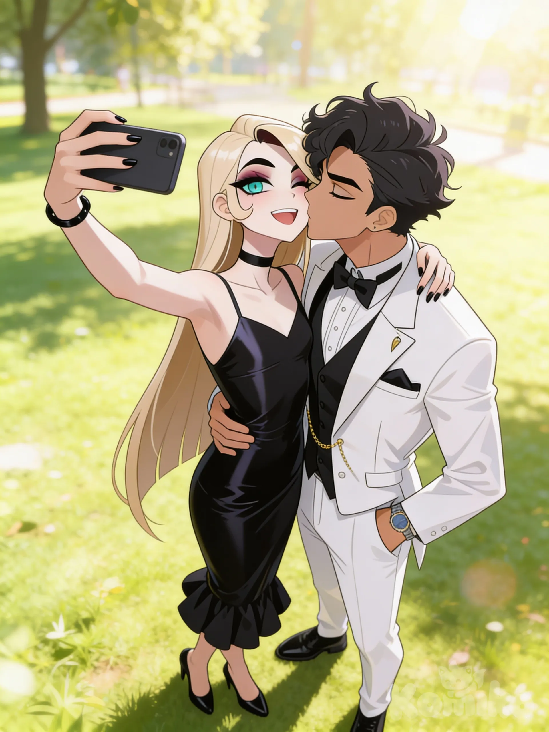 @elowen-thorne-Is9H, head tilt, looking at phone, selfie, smile 
@victor-hale-JjOr , 2people, kissing, closeup, ambient light, park