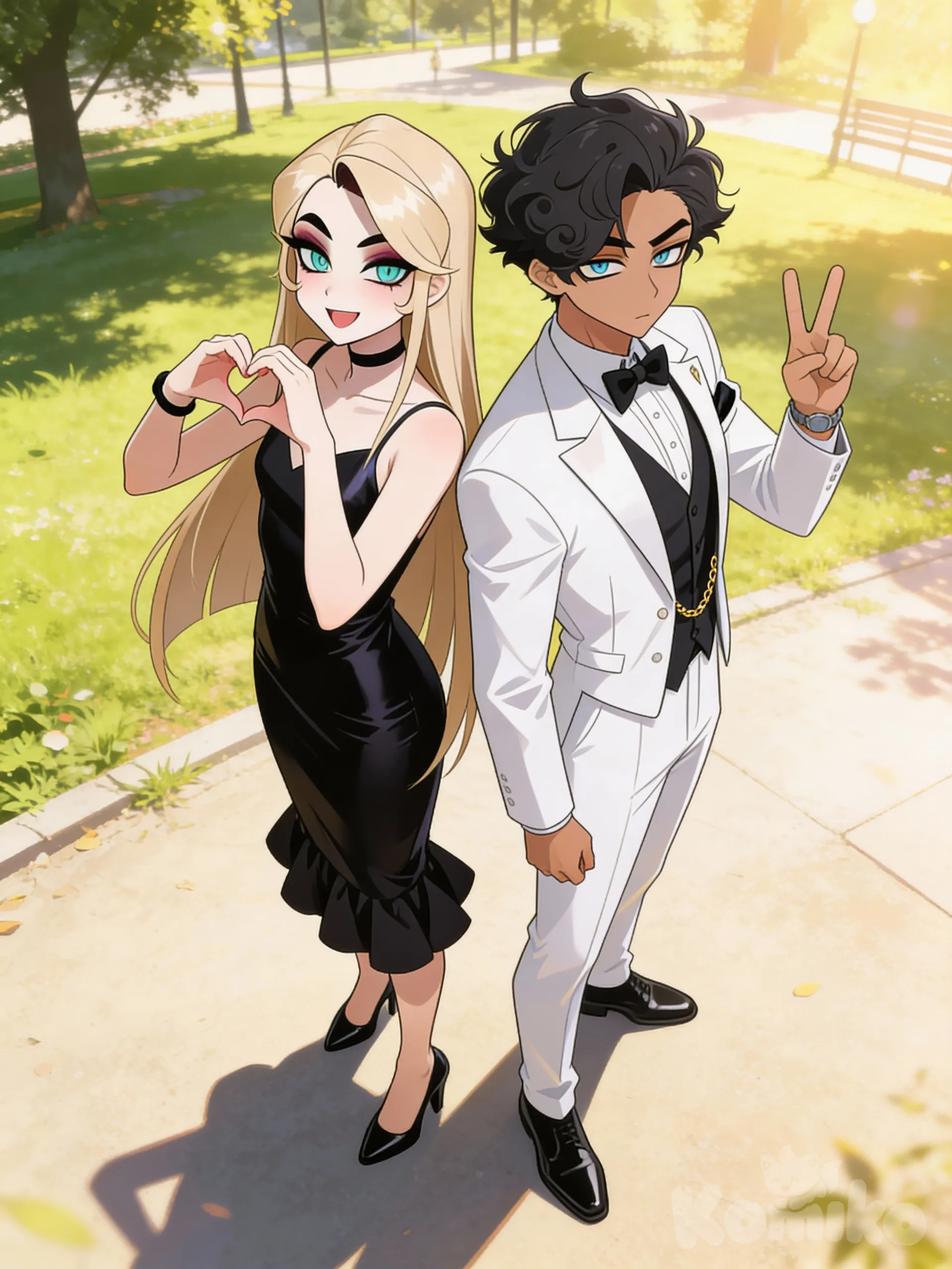 @elowen-thorne-Is9H , smile, heart hands
@victor-hale-JjOr , expressionless, v sign, back to back, park, ambient light, from above