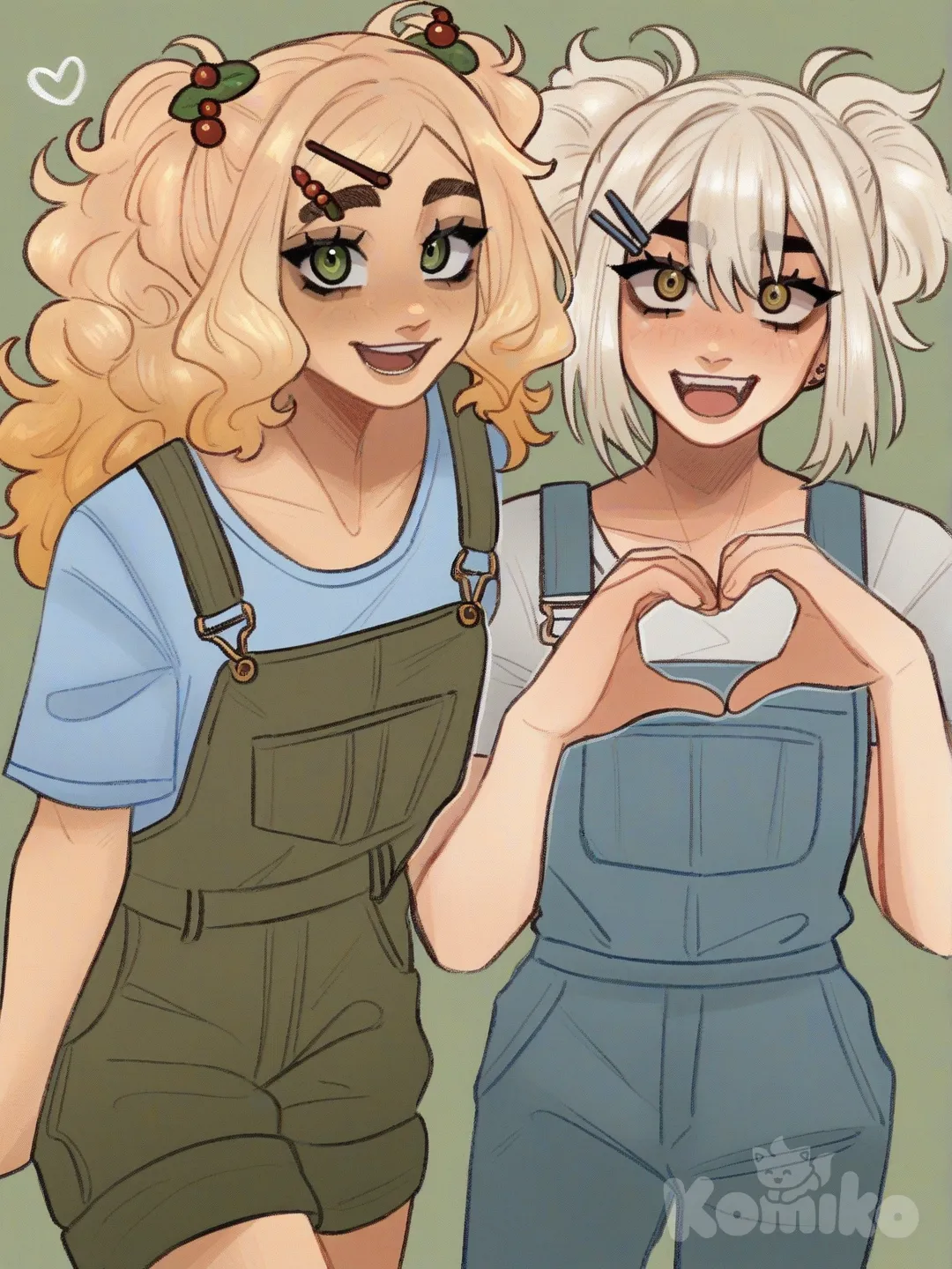 [soft-shaded-moe-style], 2girls, laughing, heart hands, t-shirt, overalls, hairpin, hair accessory, twin tails, fluffy curls, spiral curls, blonde hair, navy blue, olive green