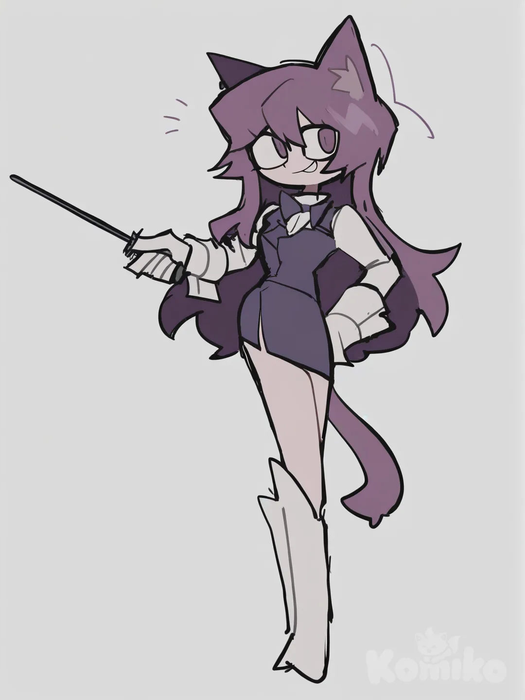 Magenta hair, bird wings, nude, white gloves, white boots, holding wand, small breasts, teen, cat ears, cat tail, [pop-sketch-style]